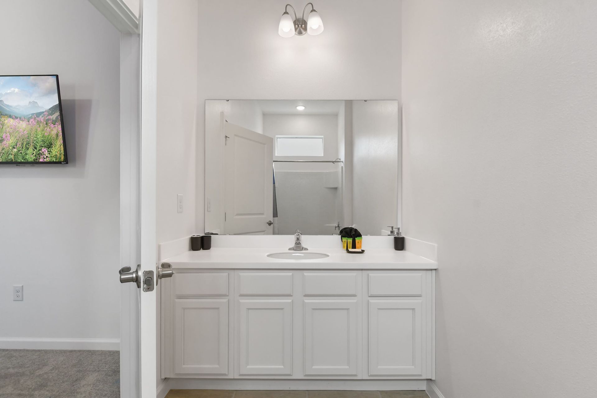 Bright bathroom with a large mirror, clean white cabinetry, and a spacious shower.
