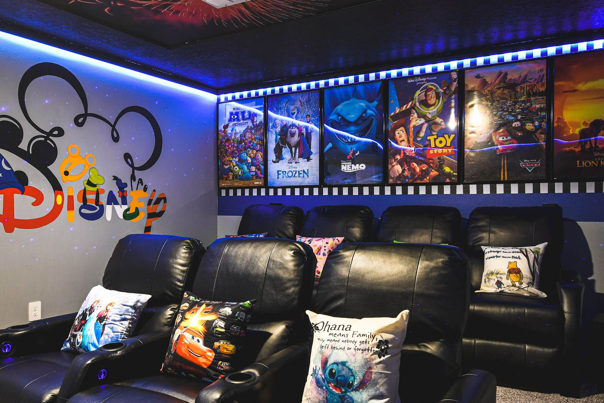 Disney-themed home theater with cozy recliners, movie posters, and magical vibes.