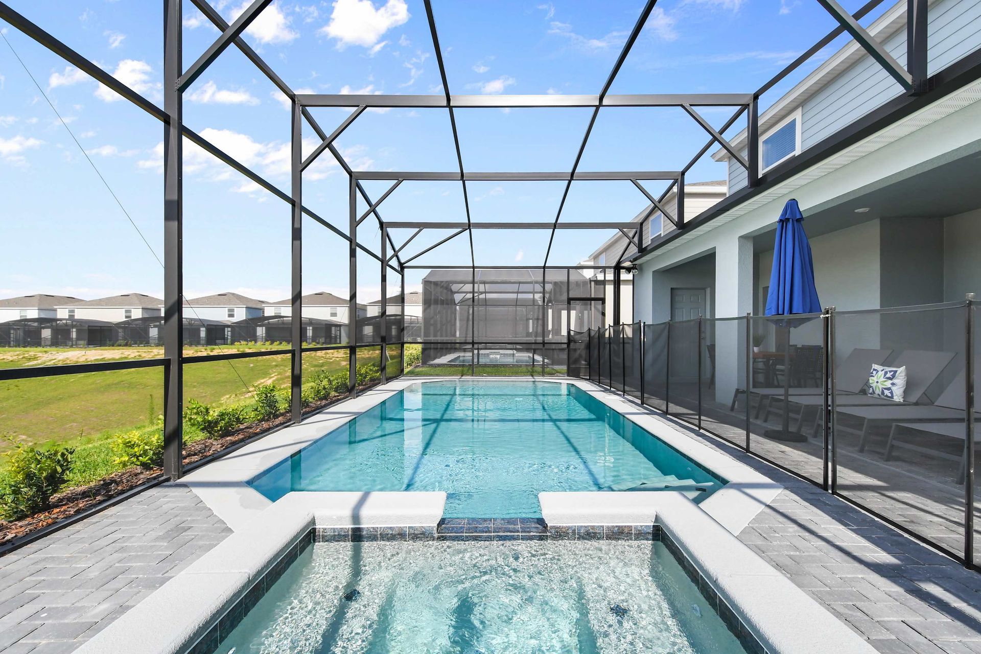 Screened private pool and spa with lounge seating and covered patio for relaxing