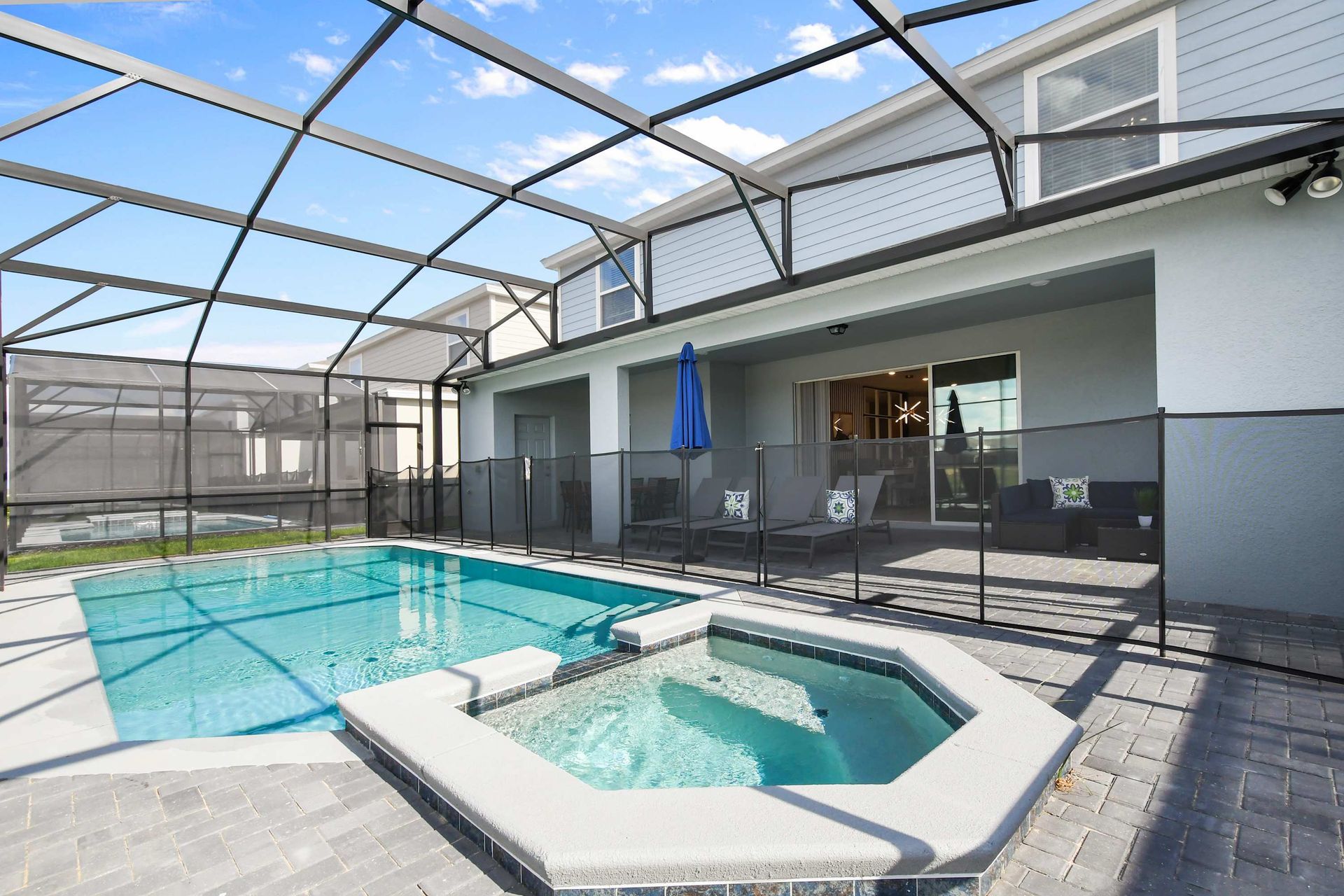 Screened private pool and spa with lounge seating and covered patio for relaxing