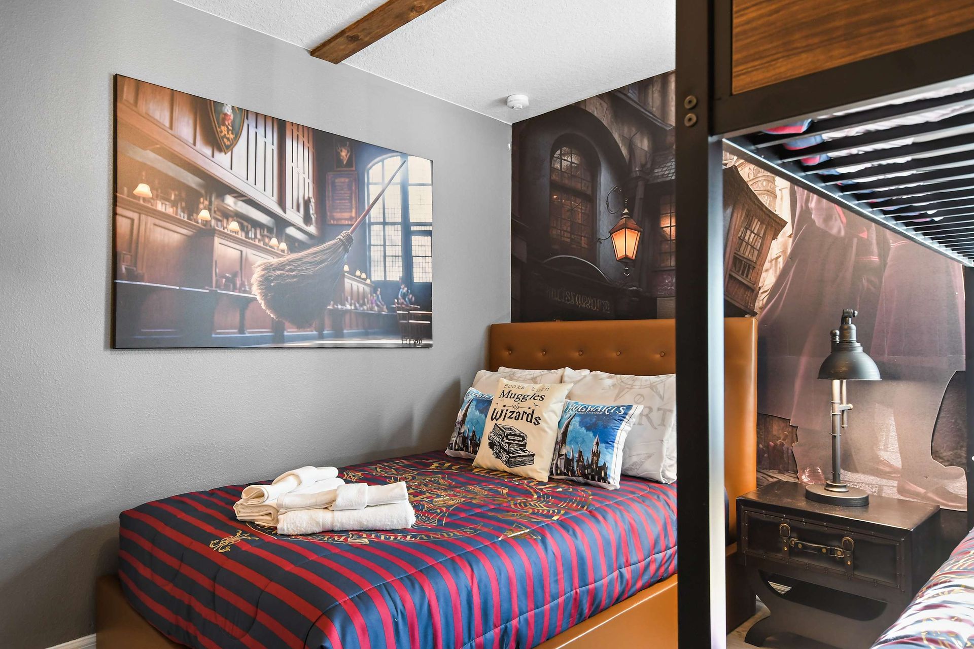 Wizard-themed bedroom with magical décor, cozy twin beds, and enchanted touches
