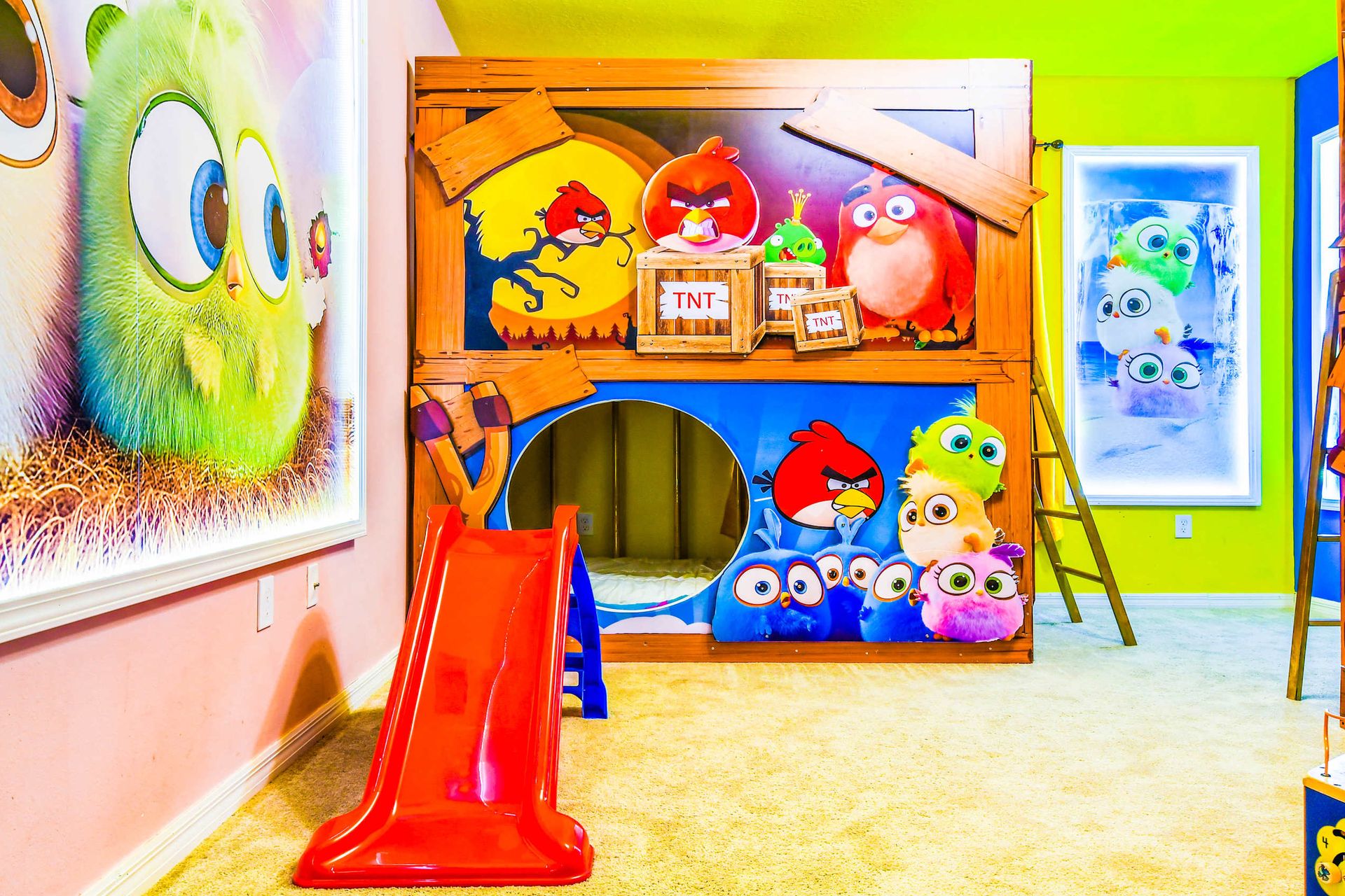 Drift into a peaceful sleep in our cozy Angry Birds themed bedroom, ensuring a restful night's sleep during your stay.
