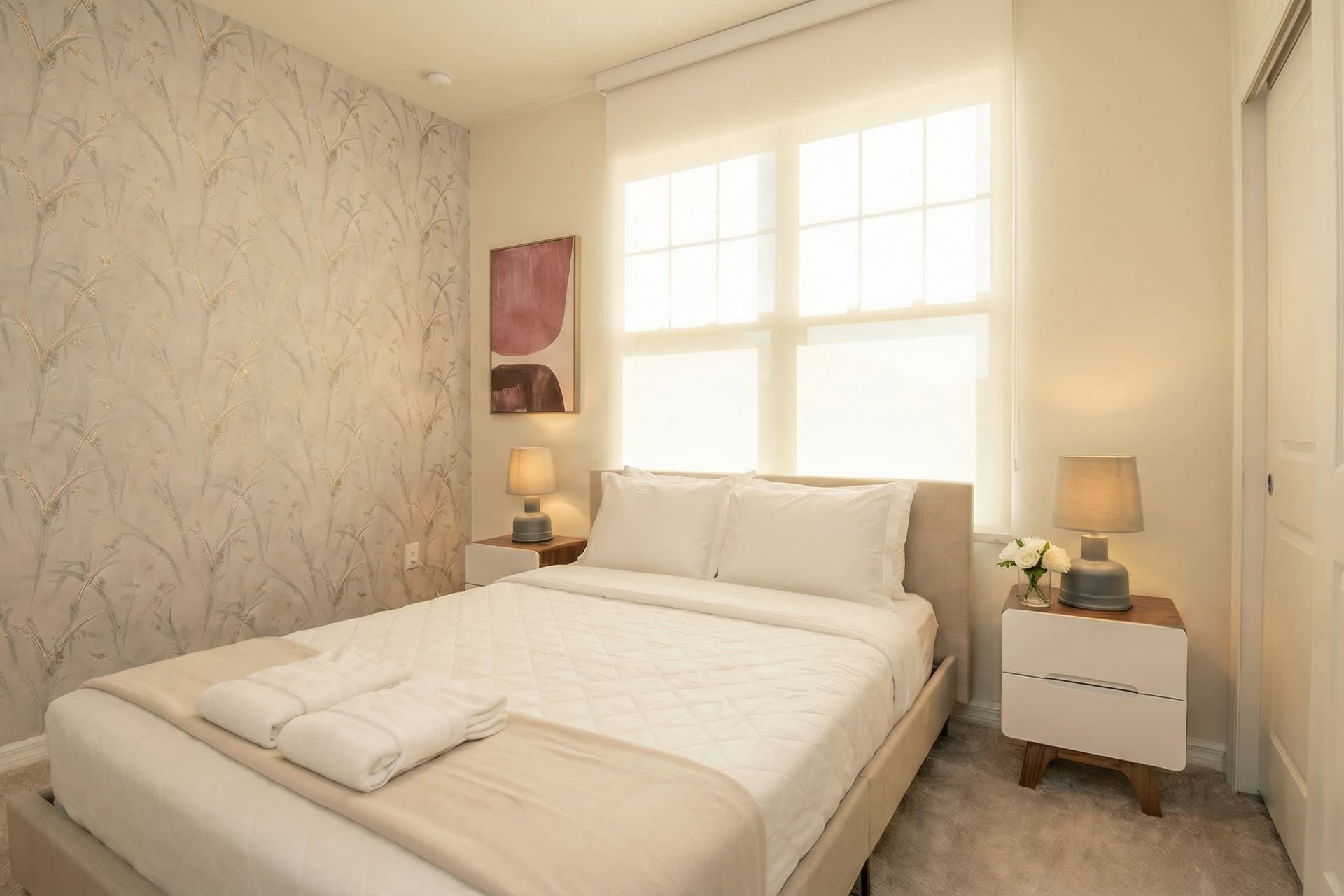 Serene bedroom with soft tones, cozy bedding, and elegant botanical wallpaper.