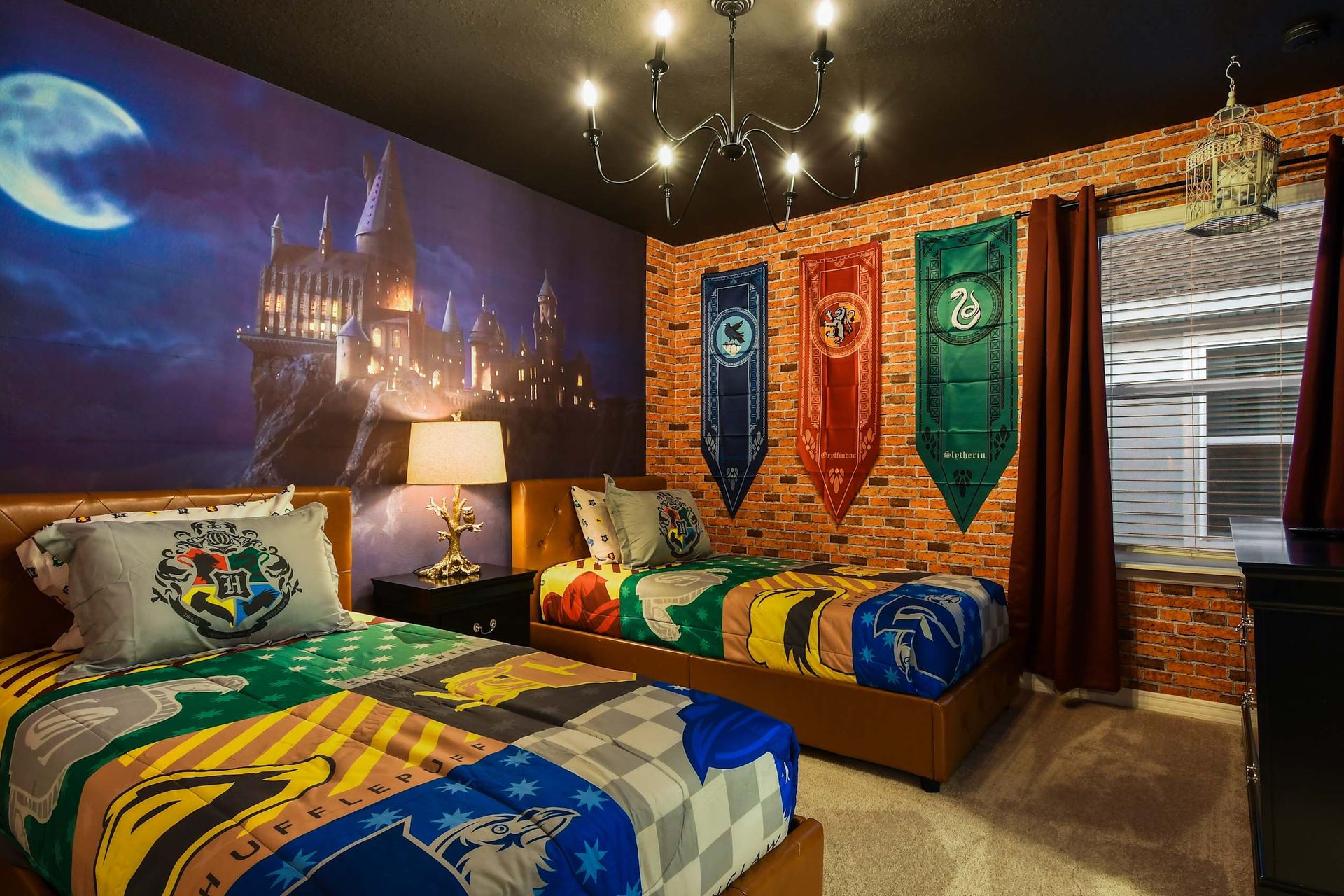 Kids will love the upstairs bedroom with a cool Harry Potter theme