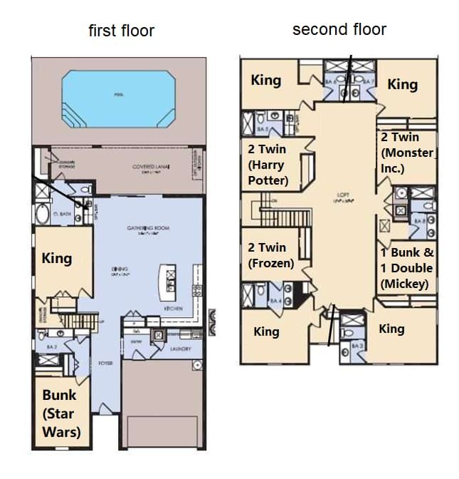 Spacious floor plan with bedrooms, game room, and more.