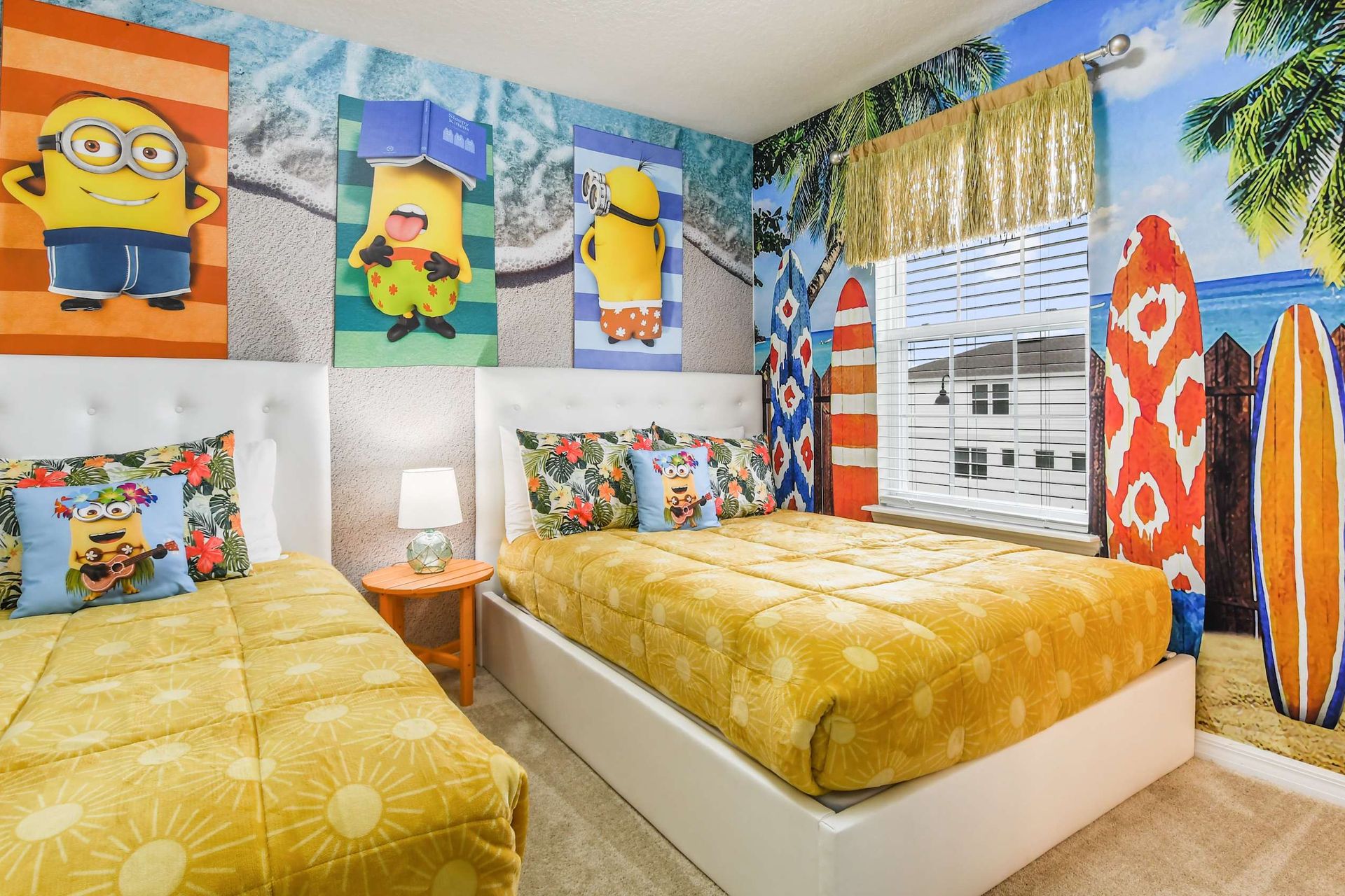 Tropical Minion-themed bedroom with beach vibes, surfboards, and sunny twin beds!
