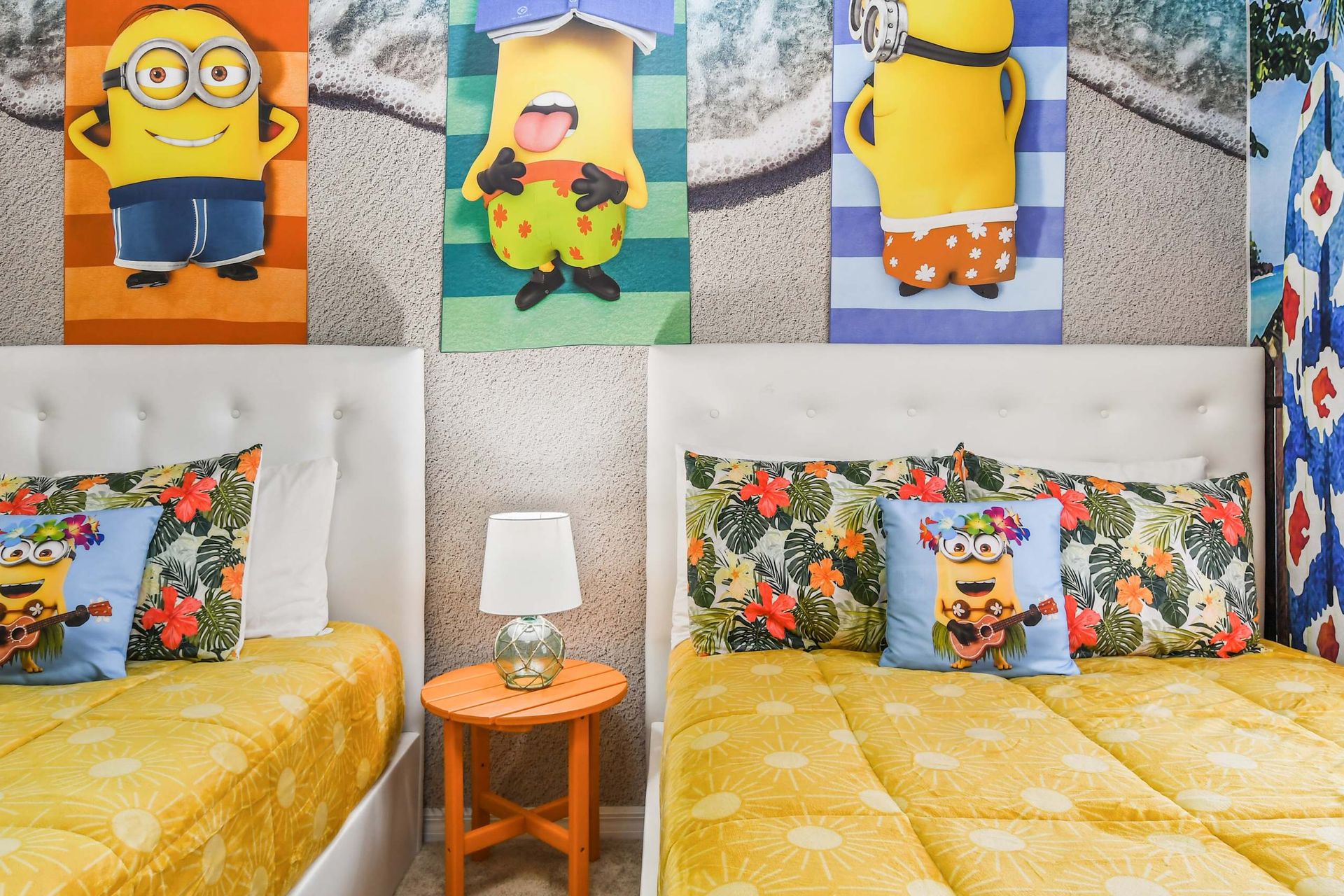Cheerful Minion-themed retreat with bright beds and playful decor for family fun
