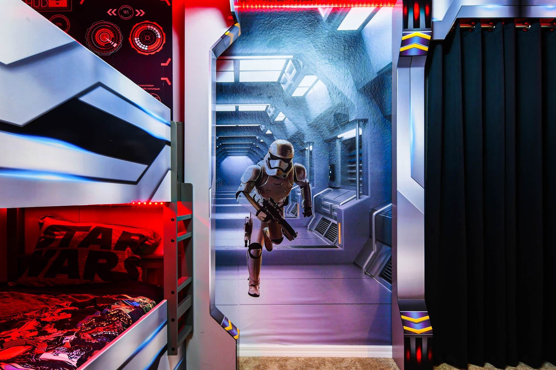 Immersive Star Wars escape with themed bunk beds and futuristic galaxy decor
