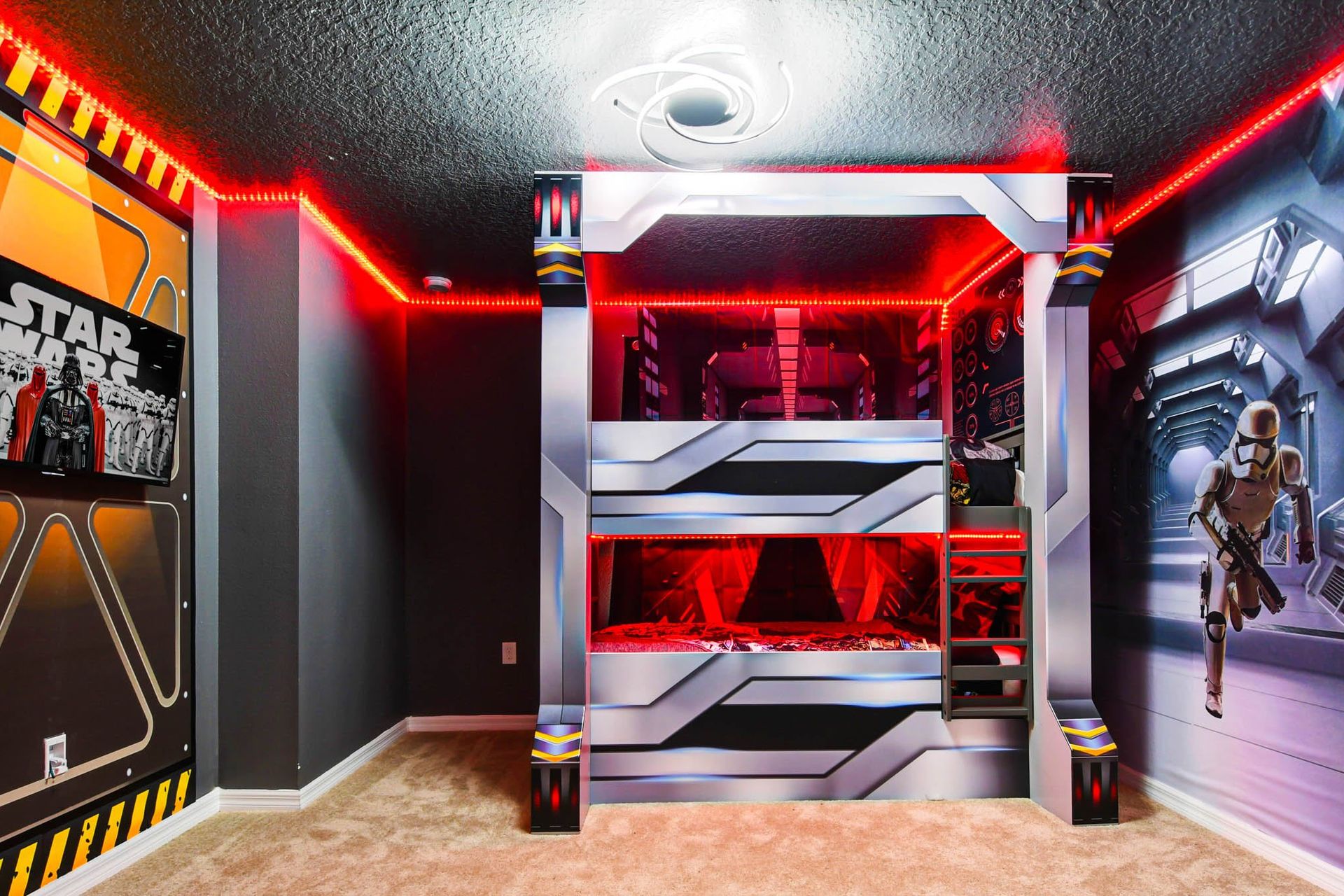 Epic Star Wars-themed bunk room with glowing lights and galactic adventure vibes
