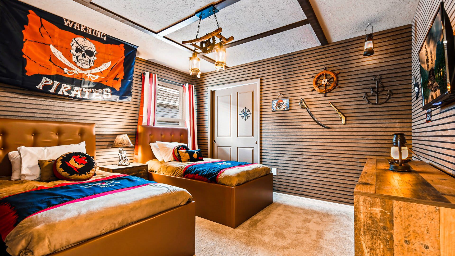 Kids will love the upstairs bedroom with a Pirates theme
