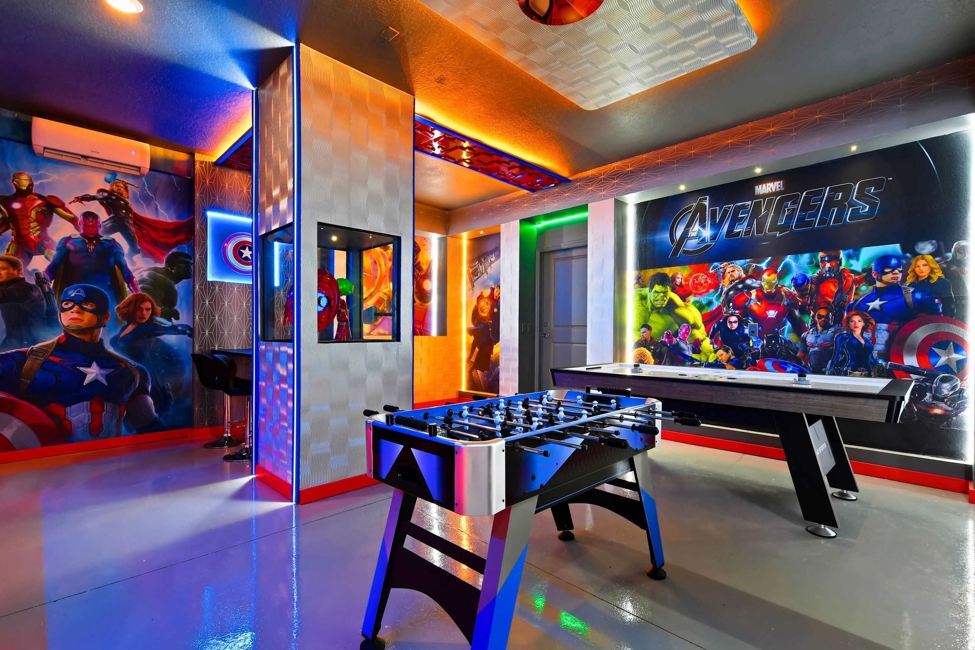 The game room is stylishly furnished with Star Wars theme with cool lights