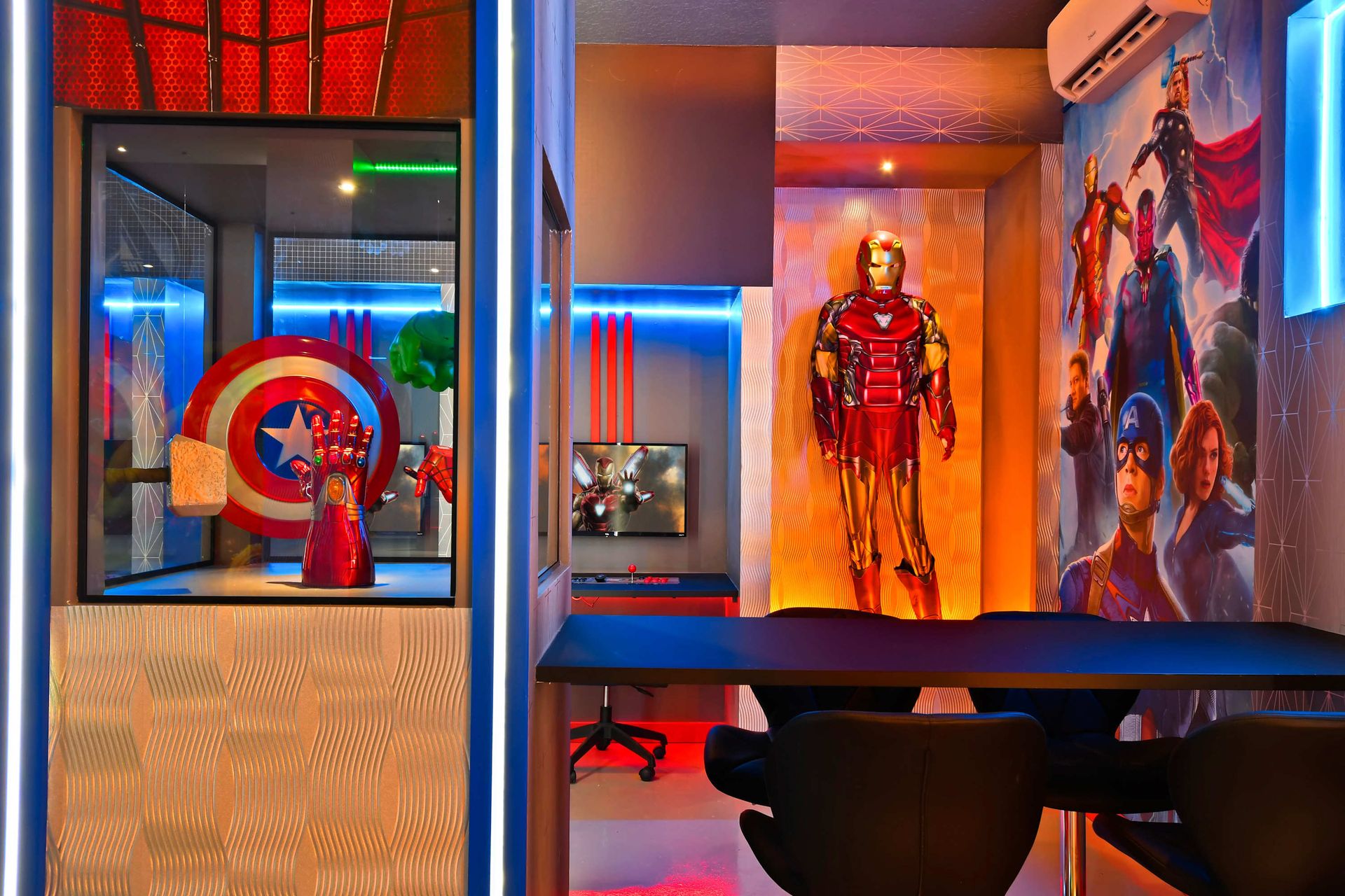 The game room is stylishly furnished with Star Wars theme with cool lights