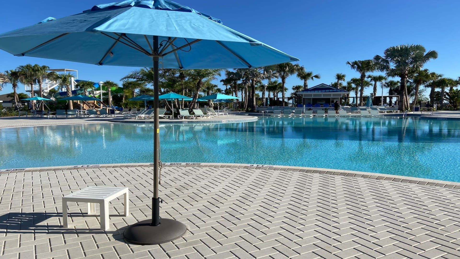 Huge resort pool with shaded umbrellas, palm trees, and plenty of space to unwind
