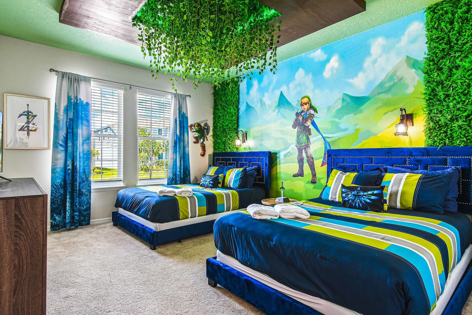 Adventure-themed bedroom with vibrant decor and gaming vibes