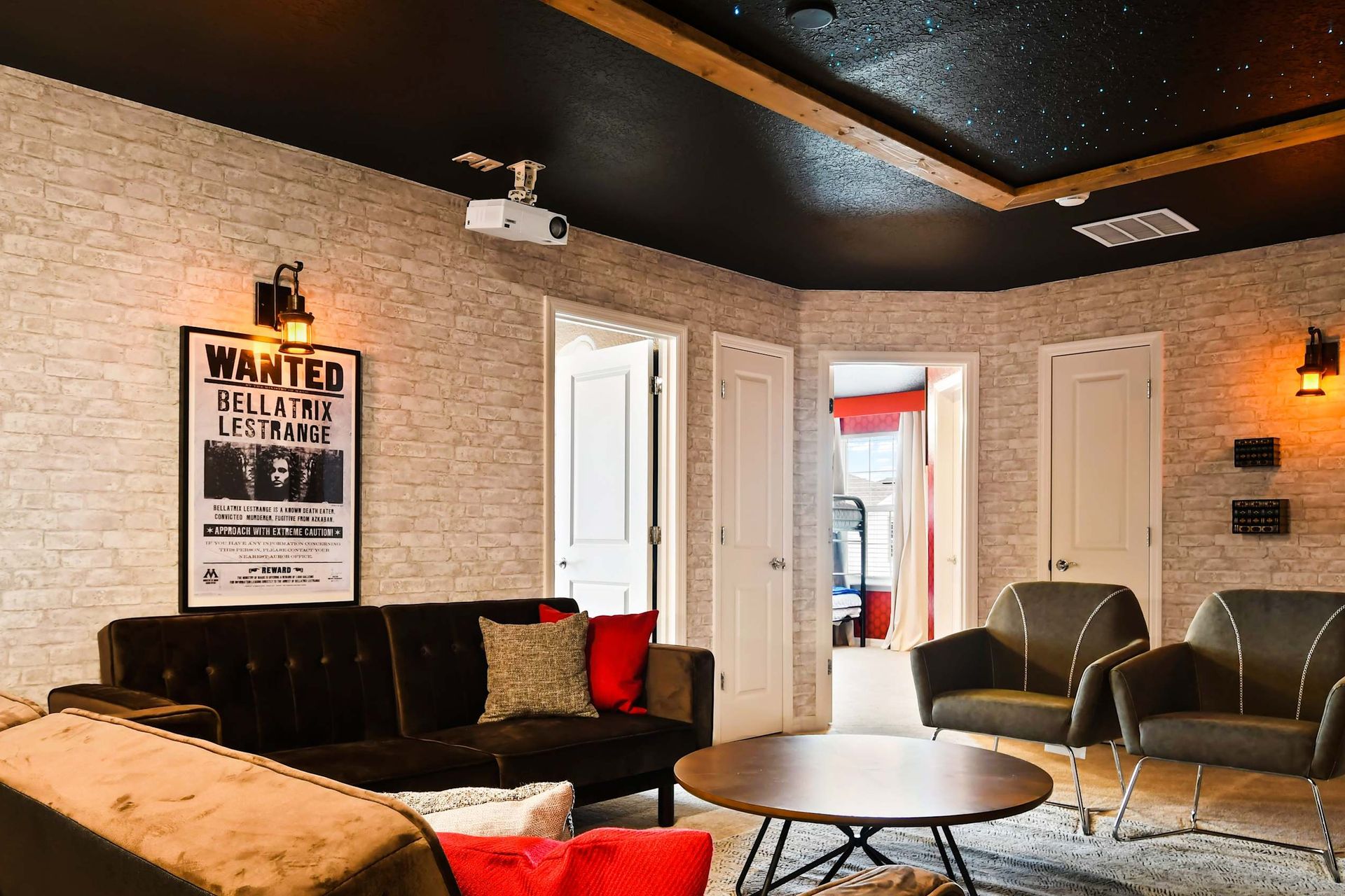 Harry Potter-inspired lounge with cozy seating, rustic brick walls, and warm lighting.