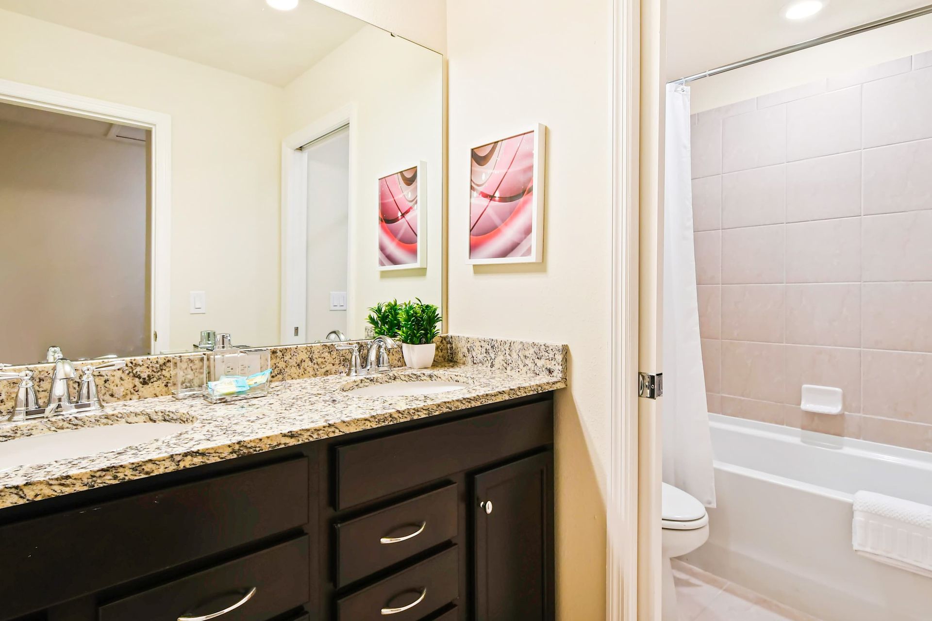 Modern bathroom with granite double vanity, tub shower combo, and elegant decor
