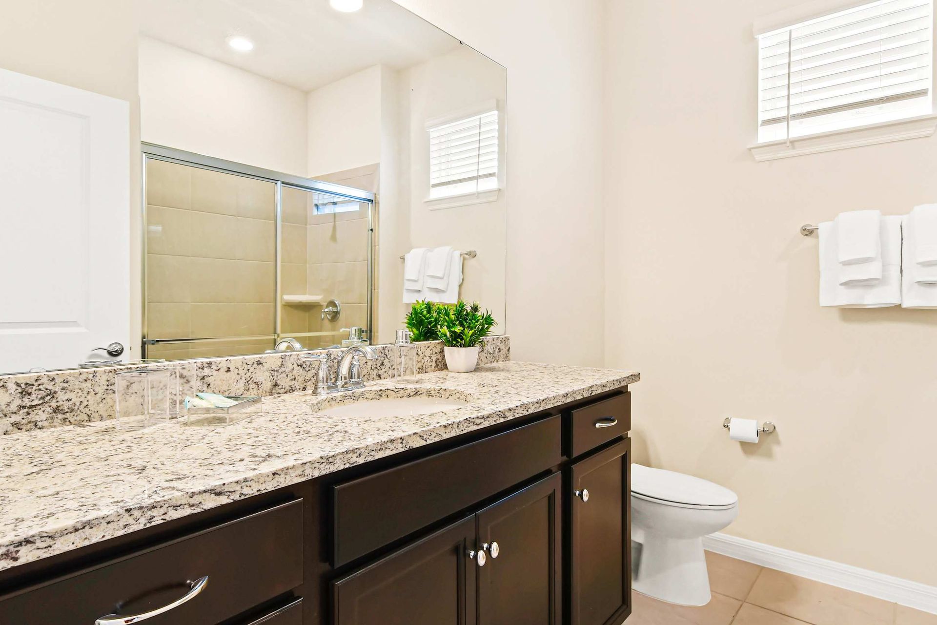 Bright modern bathroom with granite vanity, large mirror, and plenty of natural light
