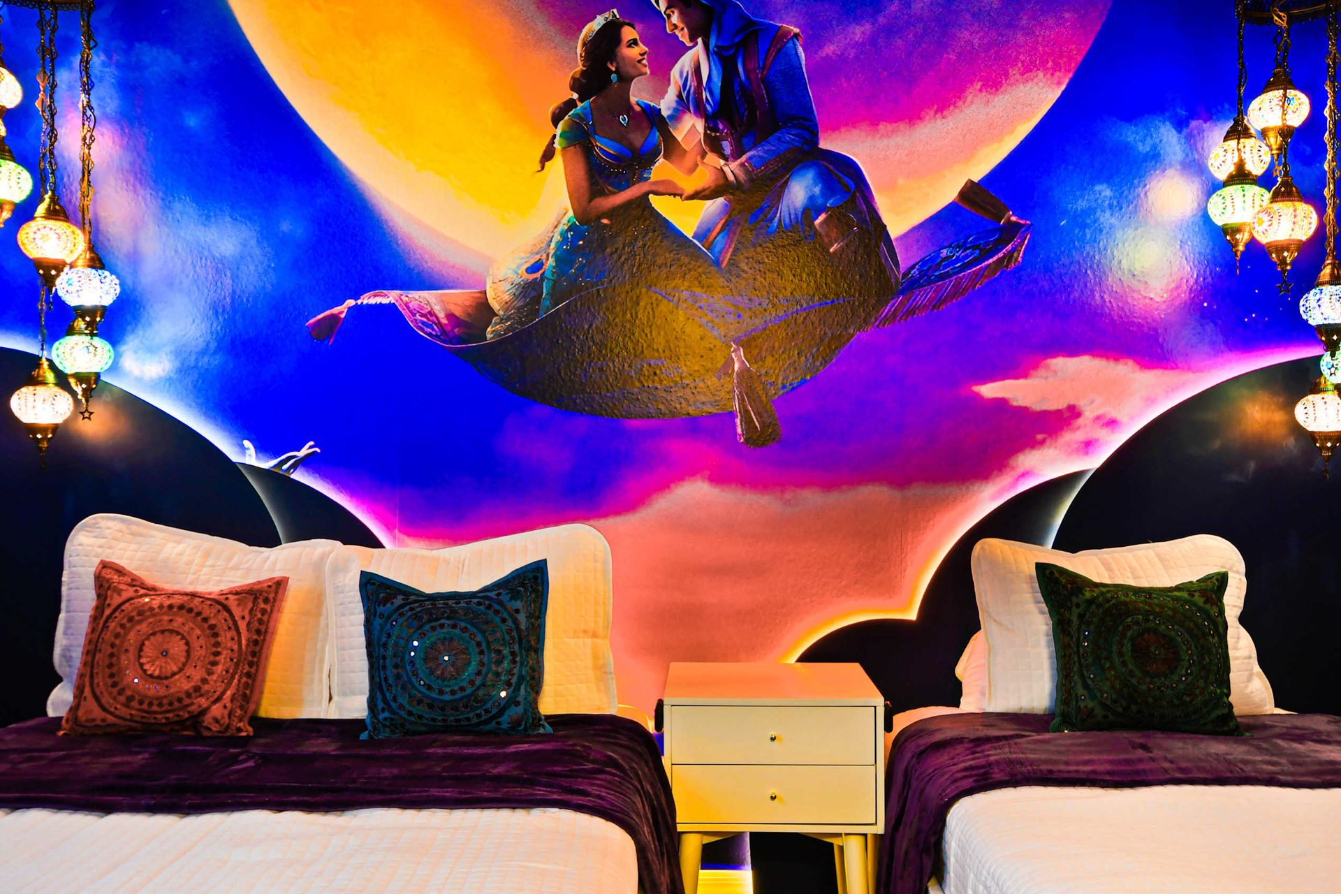 Relax and rejuvenate in our inviting Alladin Inspired bedroom, providing you with a comfortable retreat after a day of adventure.