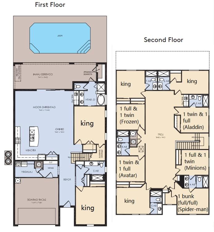 Spacious villa with themed kids rooms, king suites, pool, and family comforts
