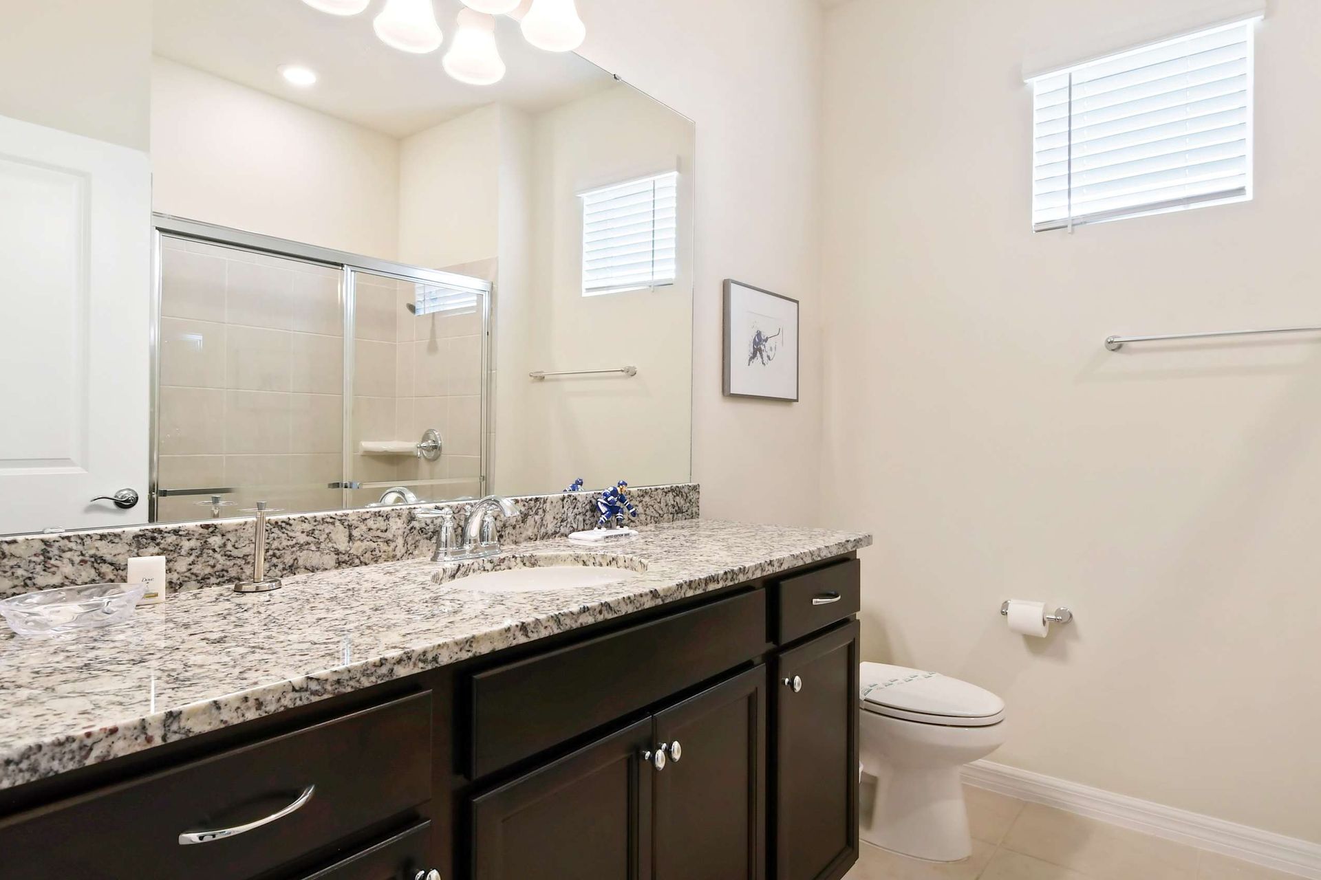Bright and clean bathroom with granite vanity, walk-in shower, and natural light.