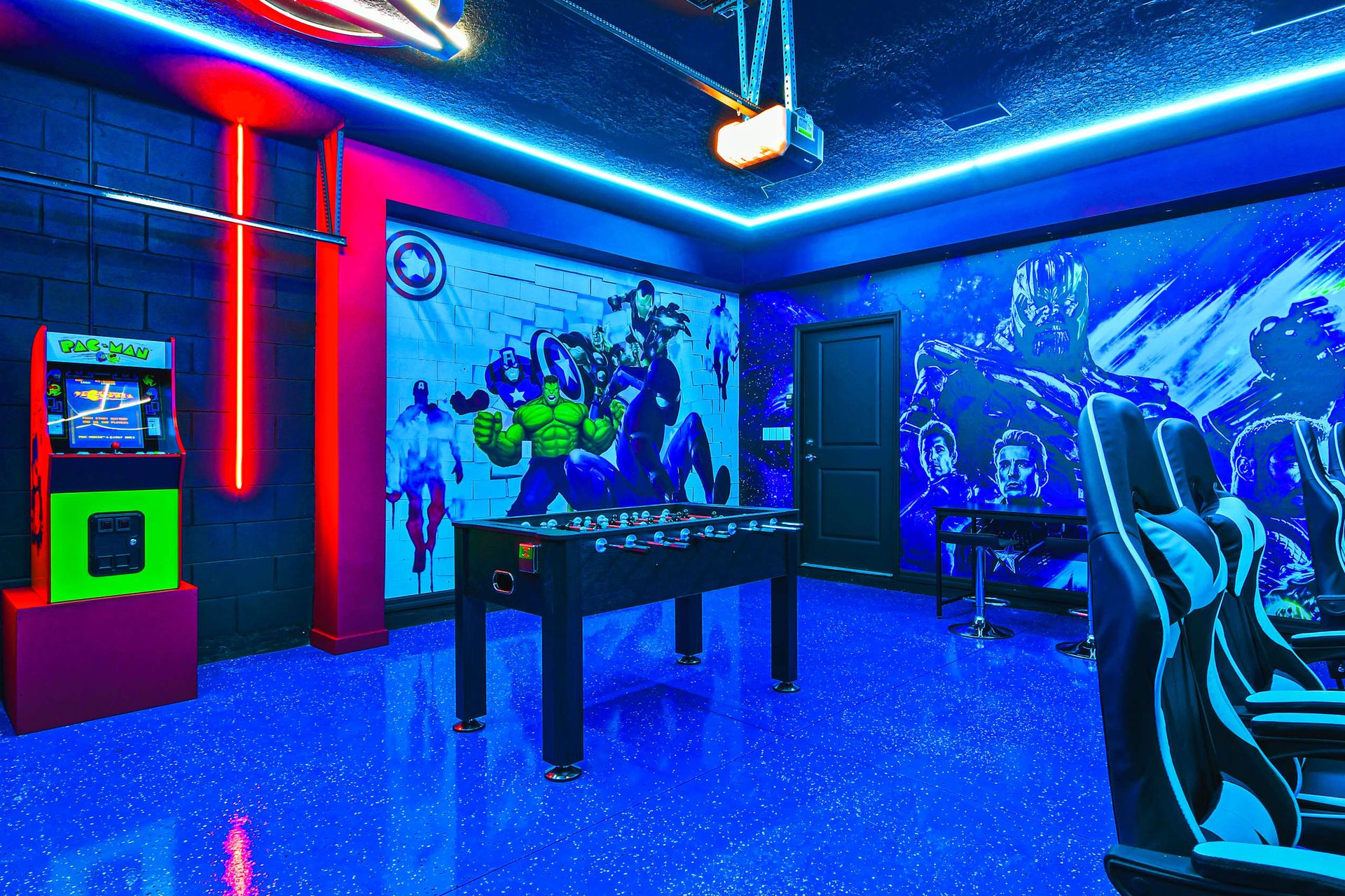 The game room is stylishly furnished with Avenger theme with cool lights