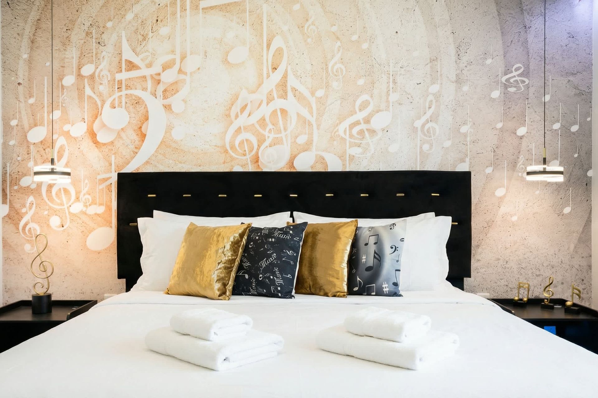 Music-themed bedroom with bold notes, gold accents, and stylish modern charm.
