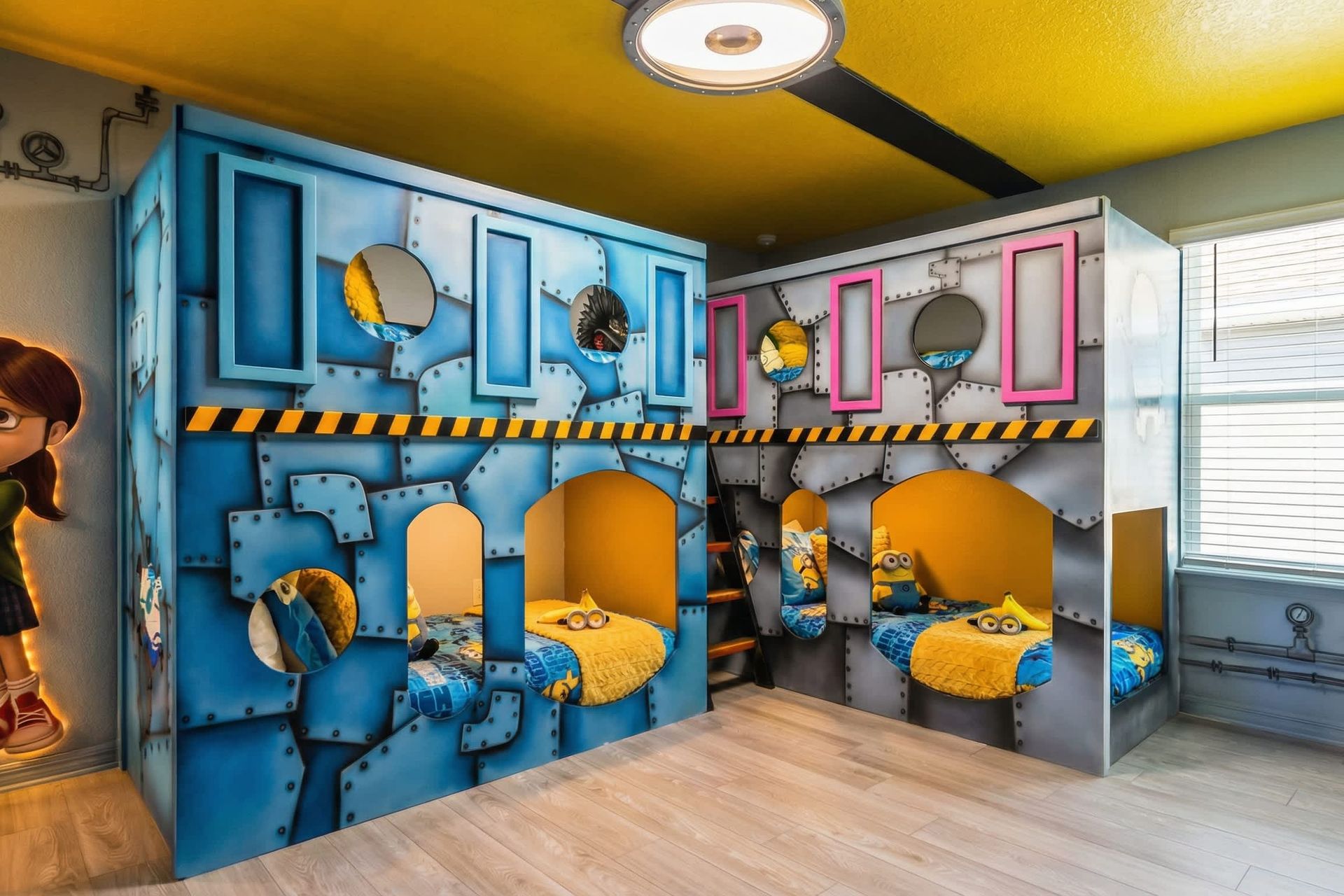 Epic kids’ bunk room with a fun factory theme, glowing lights, and adventure vibes.