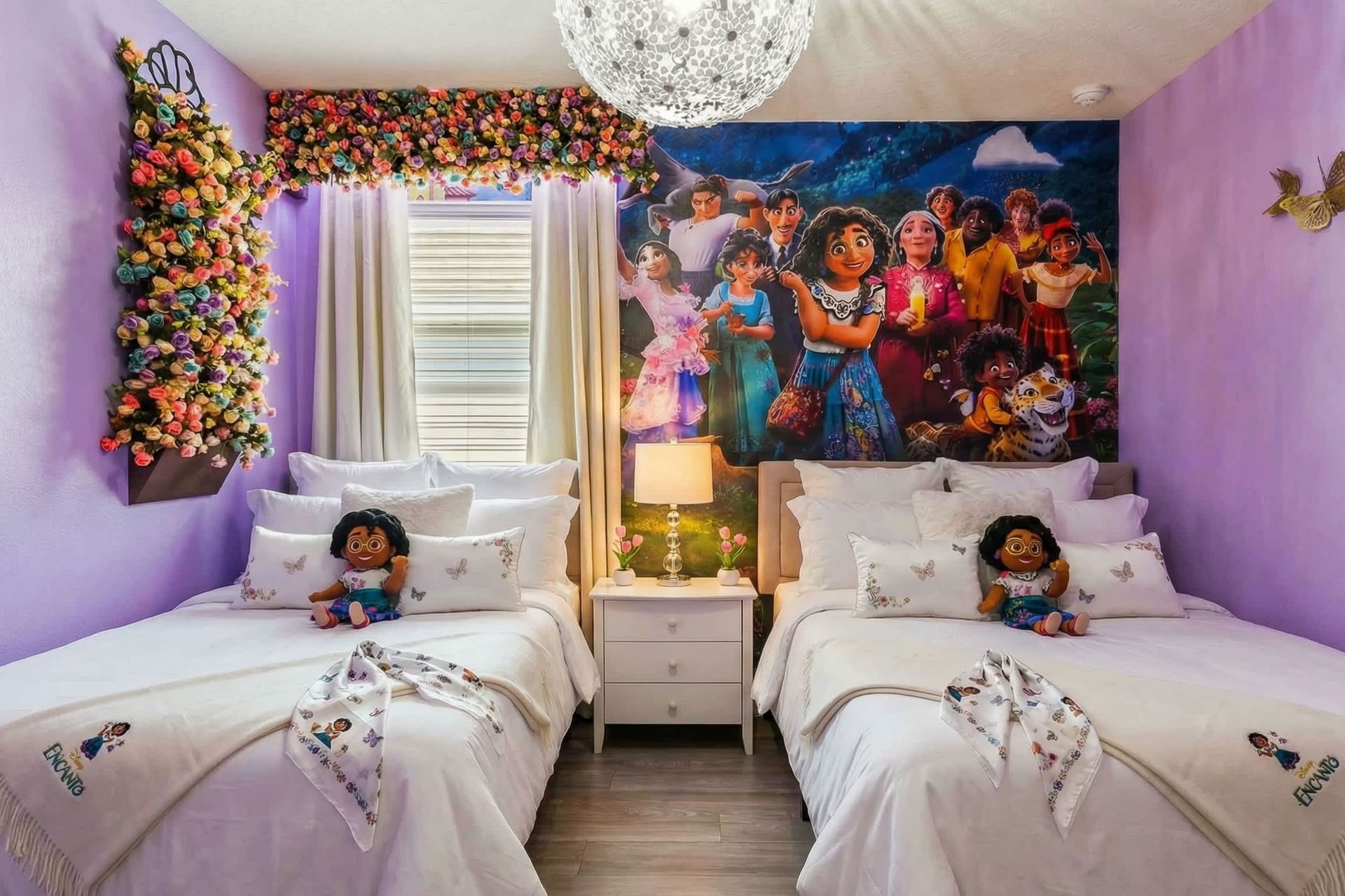 Enchanting lavender room with floral decor, butterfly accents, and magical wall art.