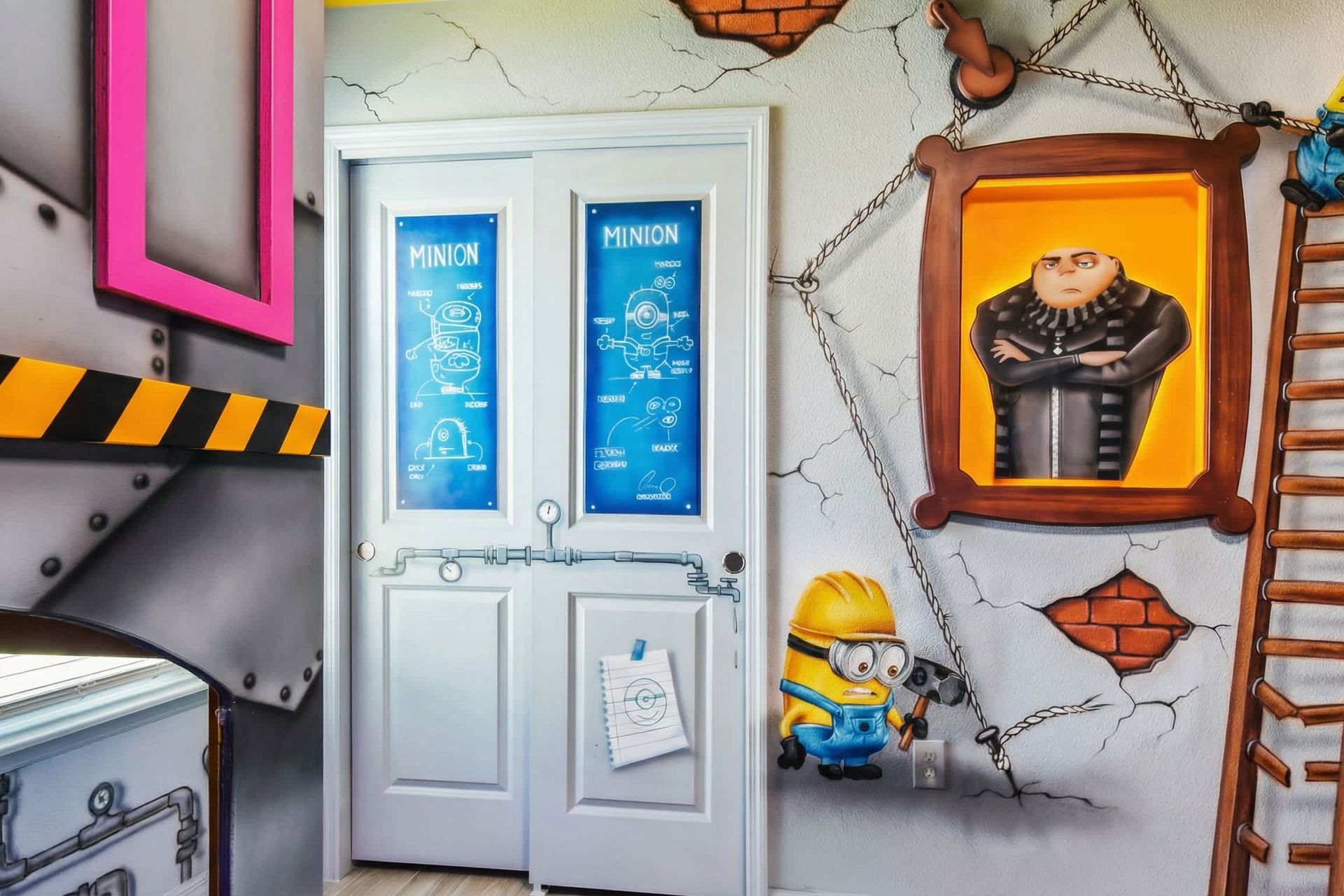 Immersive Minions hideout with playful wall art, fun details, and movie magic charm.