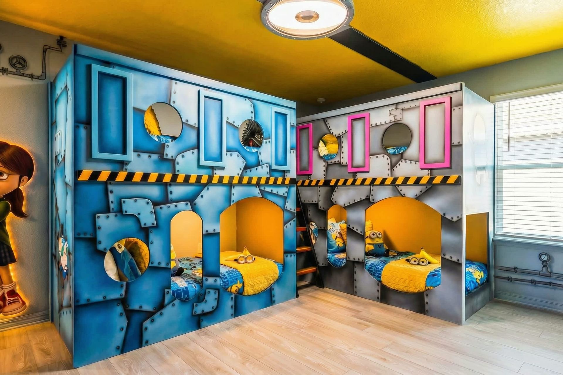 Epic kids’ bunk room with a fun factory theme, glowing lights, and adventure vibes.