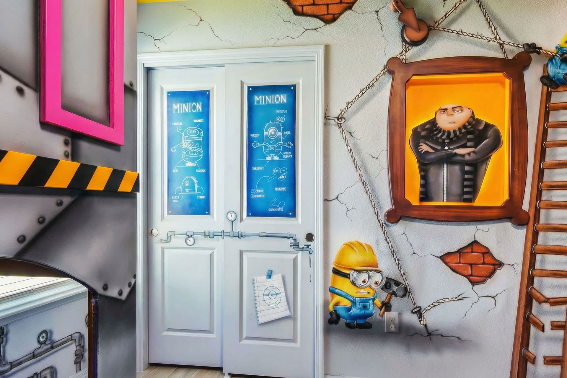 Immersive Minions hideout with playful wall art, fun details, and movie magic charm.