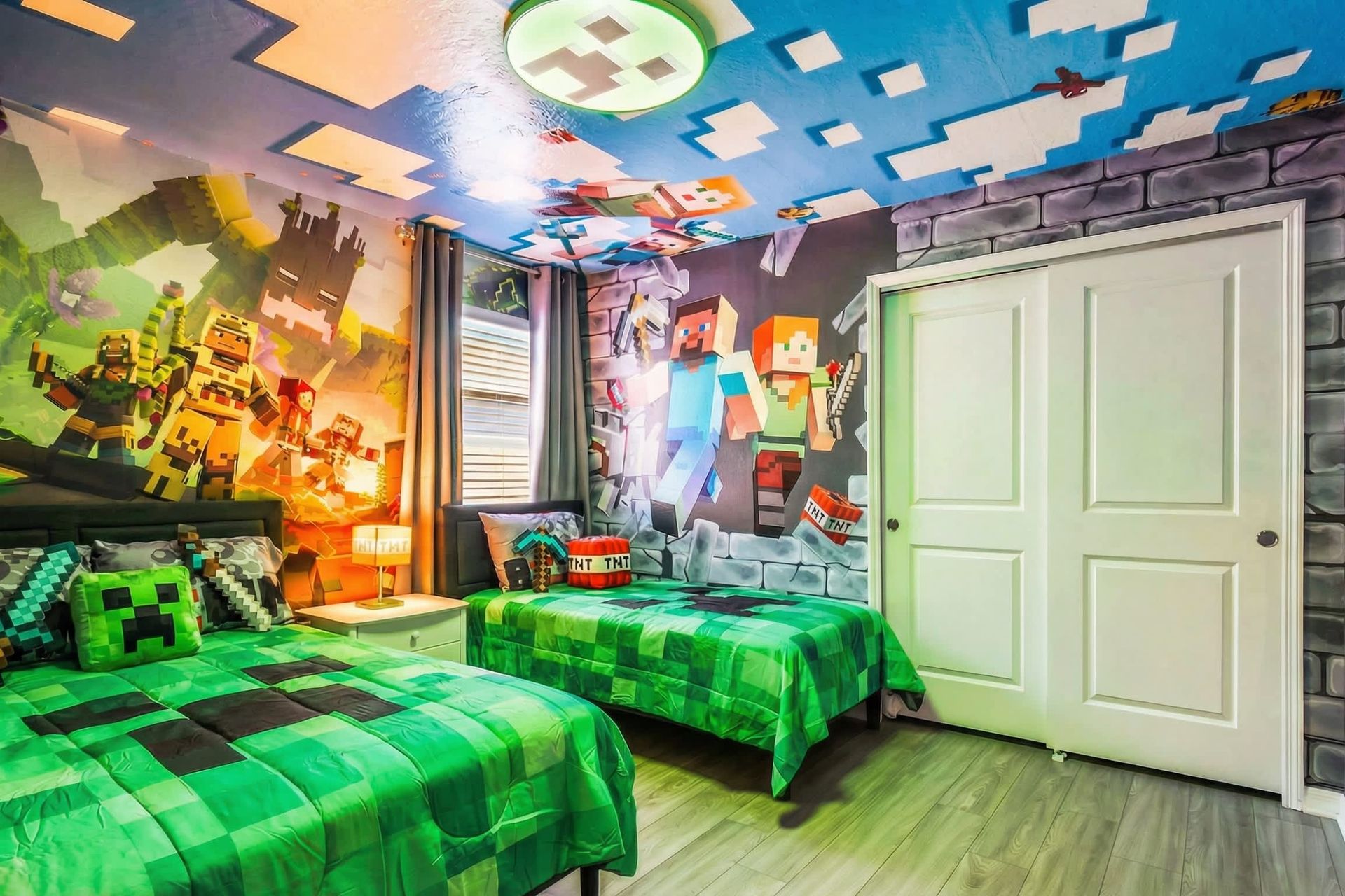 Minecraft-themed kids room with pixel-perfect walls, cozy green beds, and fun decor.