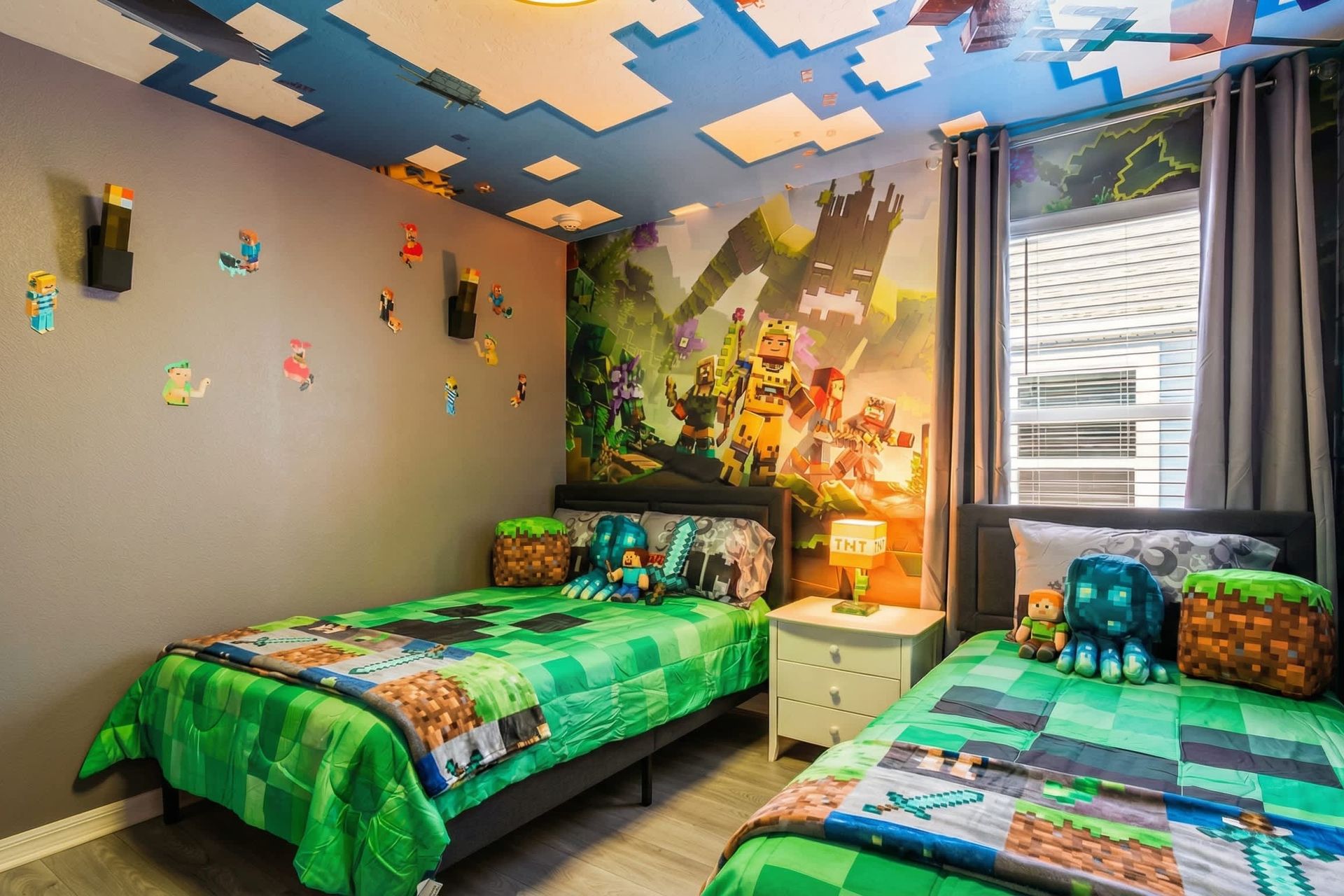 Immersive Minecraft room with pixel-art walls, themed beds, and ceiling decor.