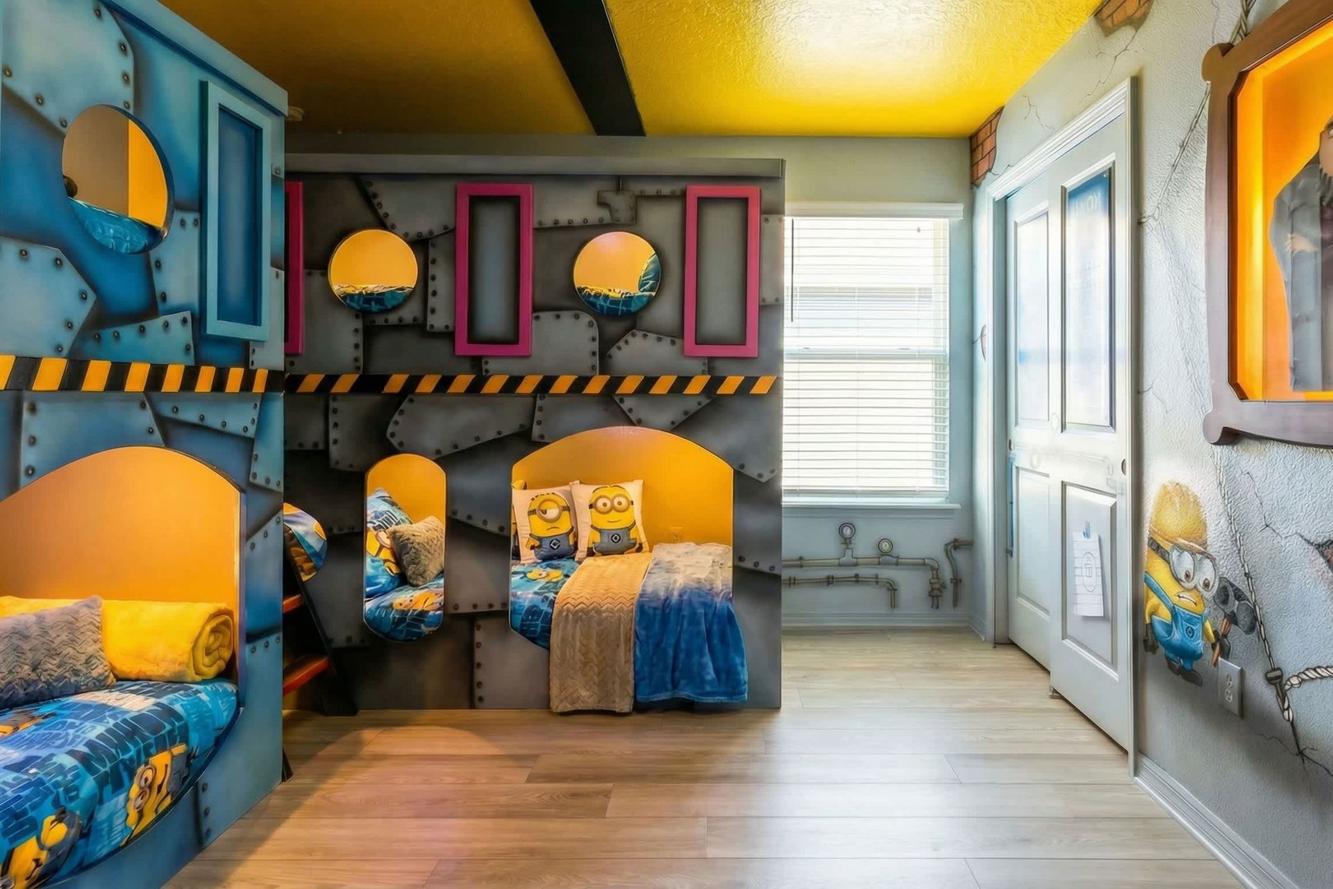 Minion-themed bunk room with playful decor and immersive villain lair vibes!