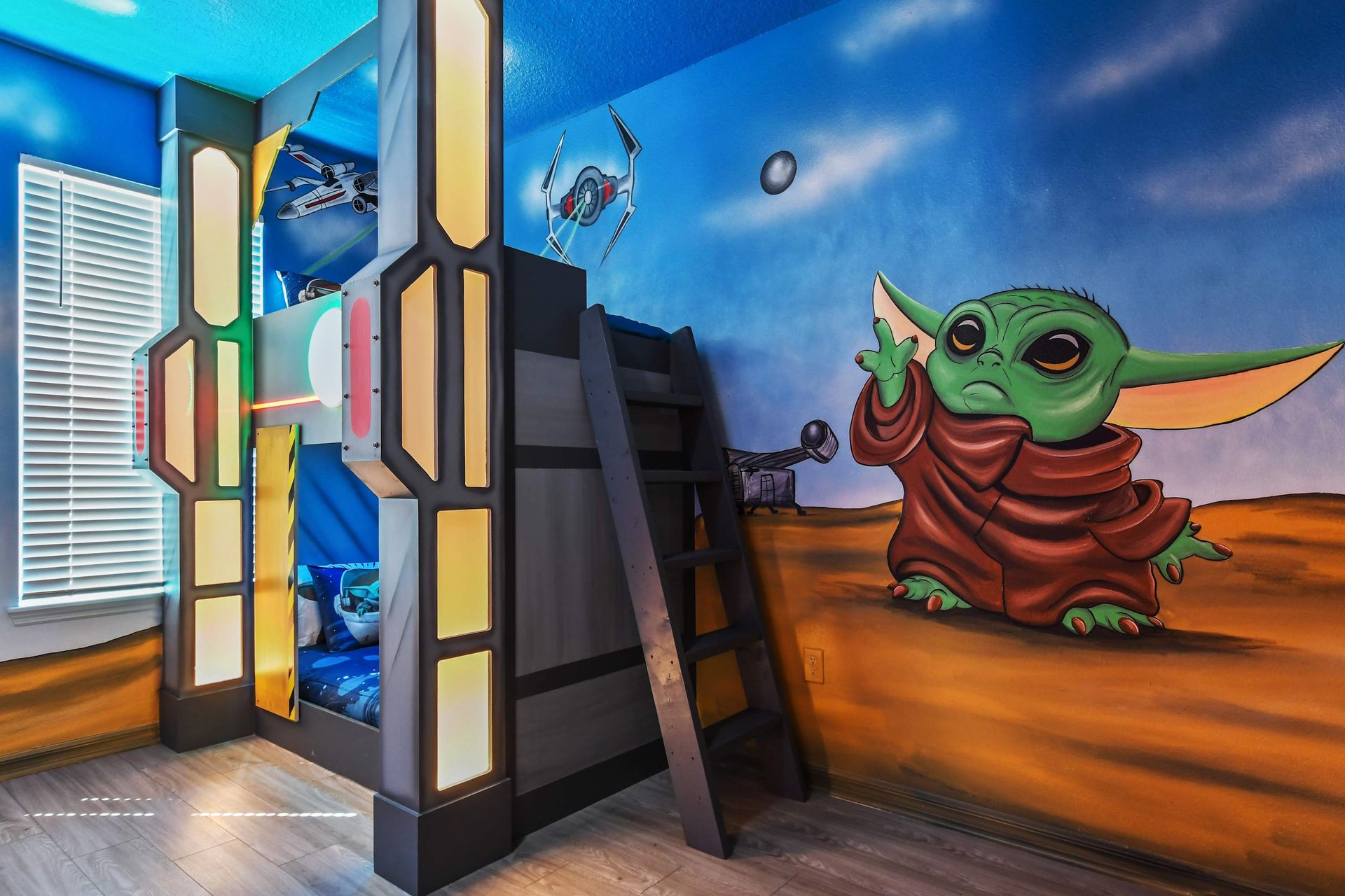 Adventure-ready space room with themed bunk beds, glowing panels, and galaxy art.