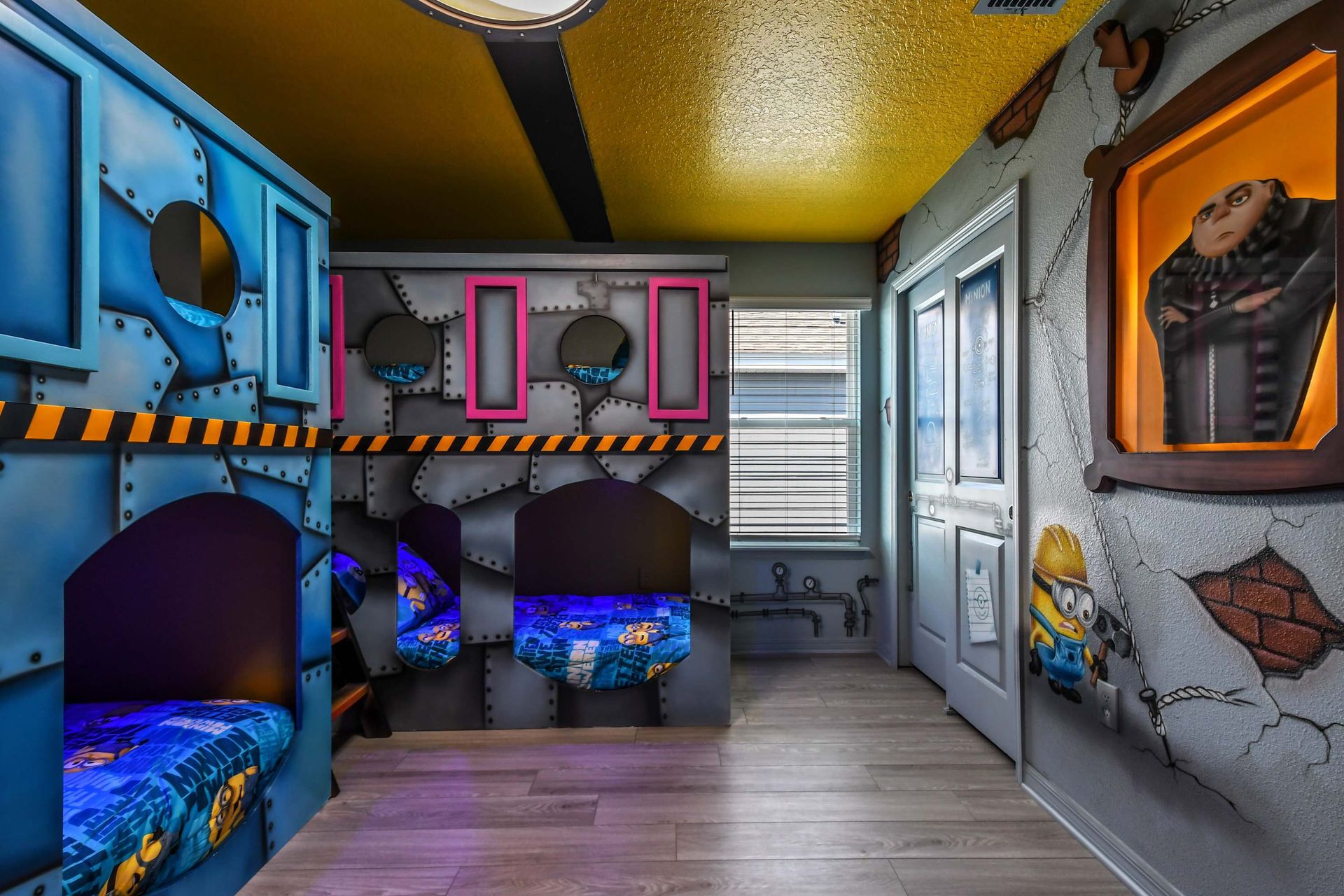 Minion-themed bunk room with playful decor and immersive villain lair vibes!