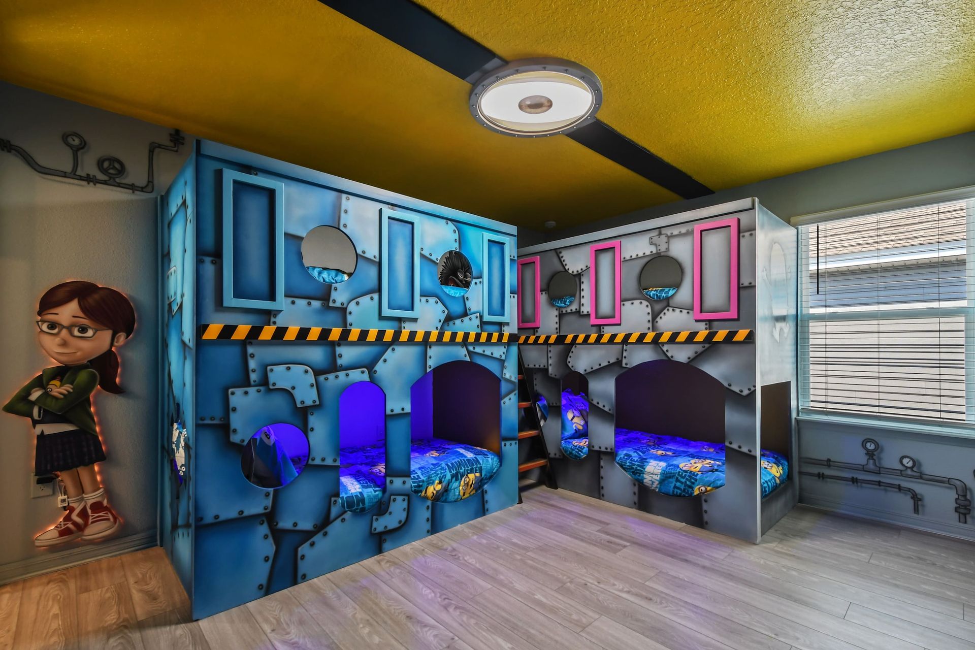 Epic kids’ bunk room with a fun factory theme, glowing lights, and adventure vibes.