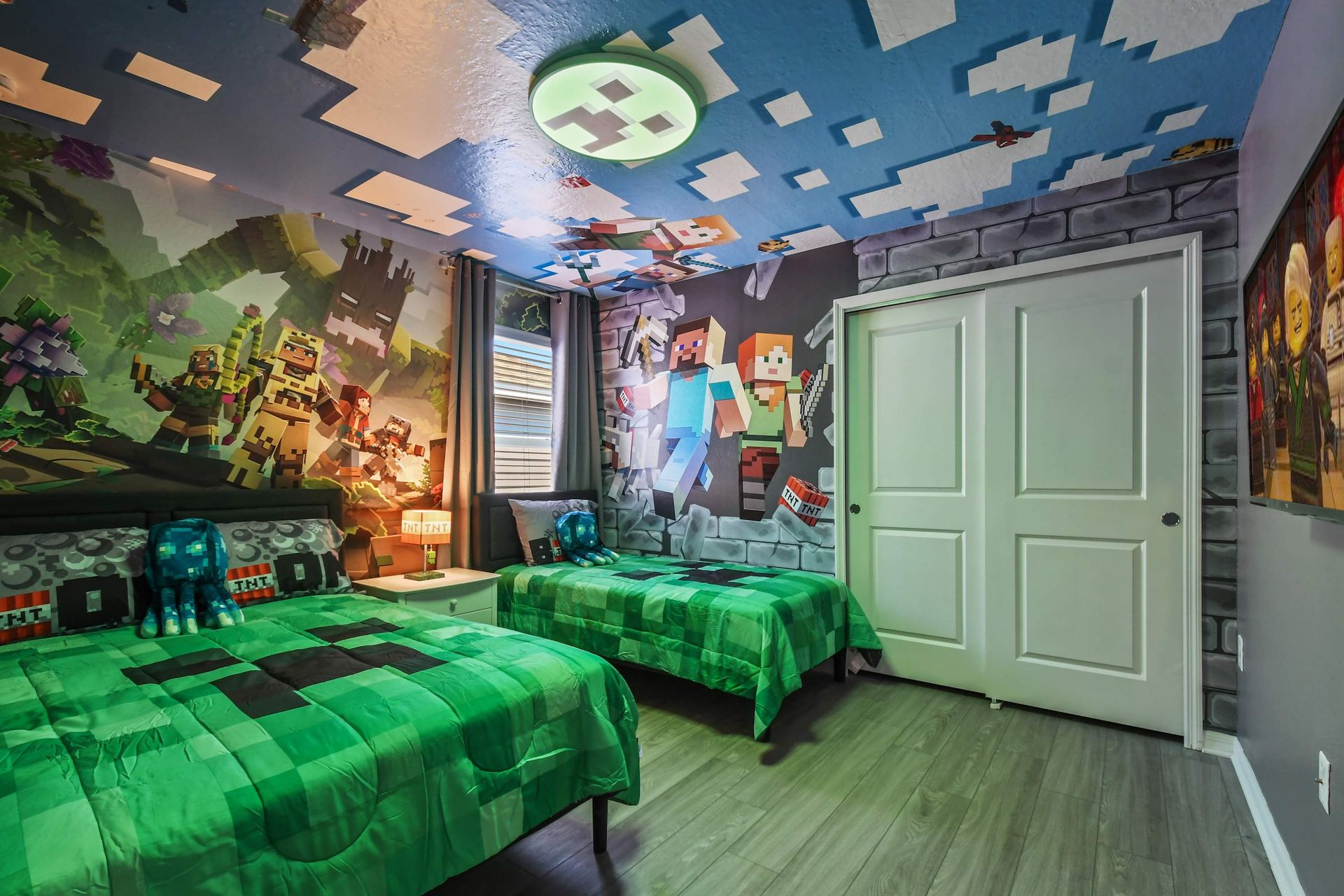 Minecraft-themed kids room with pixel-perfect walls, cozy green beds, and fun decor.