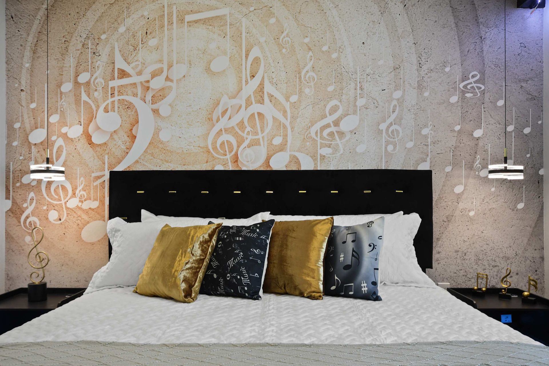 Music-themed bedroom with bold notes, gold accents, and stylish modern charm.