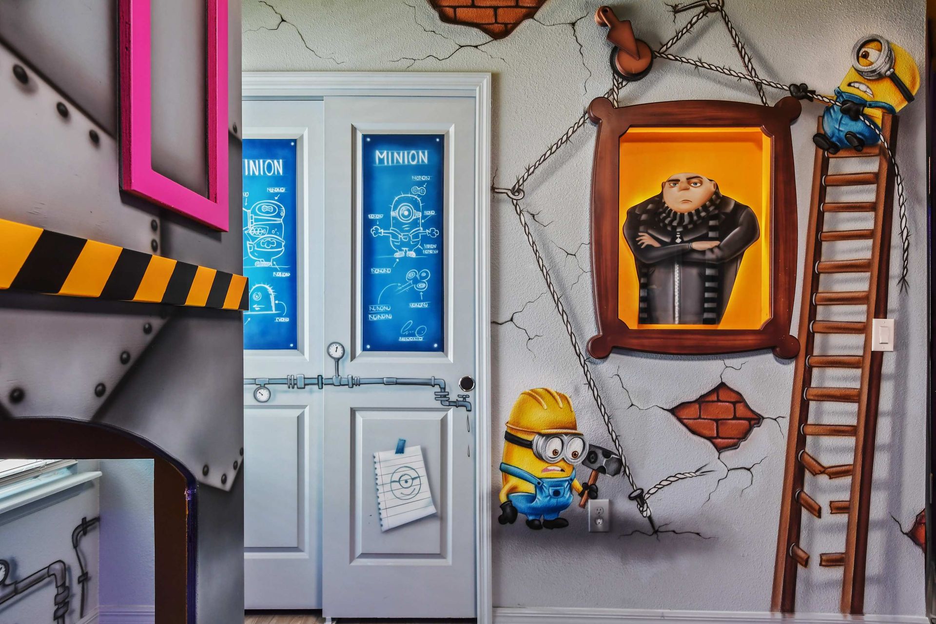 Immersive Minions hideout with playful wall art, fun details, and movie magic charm.