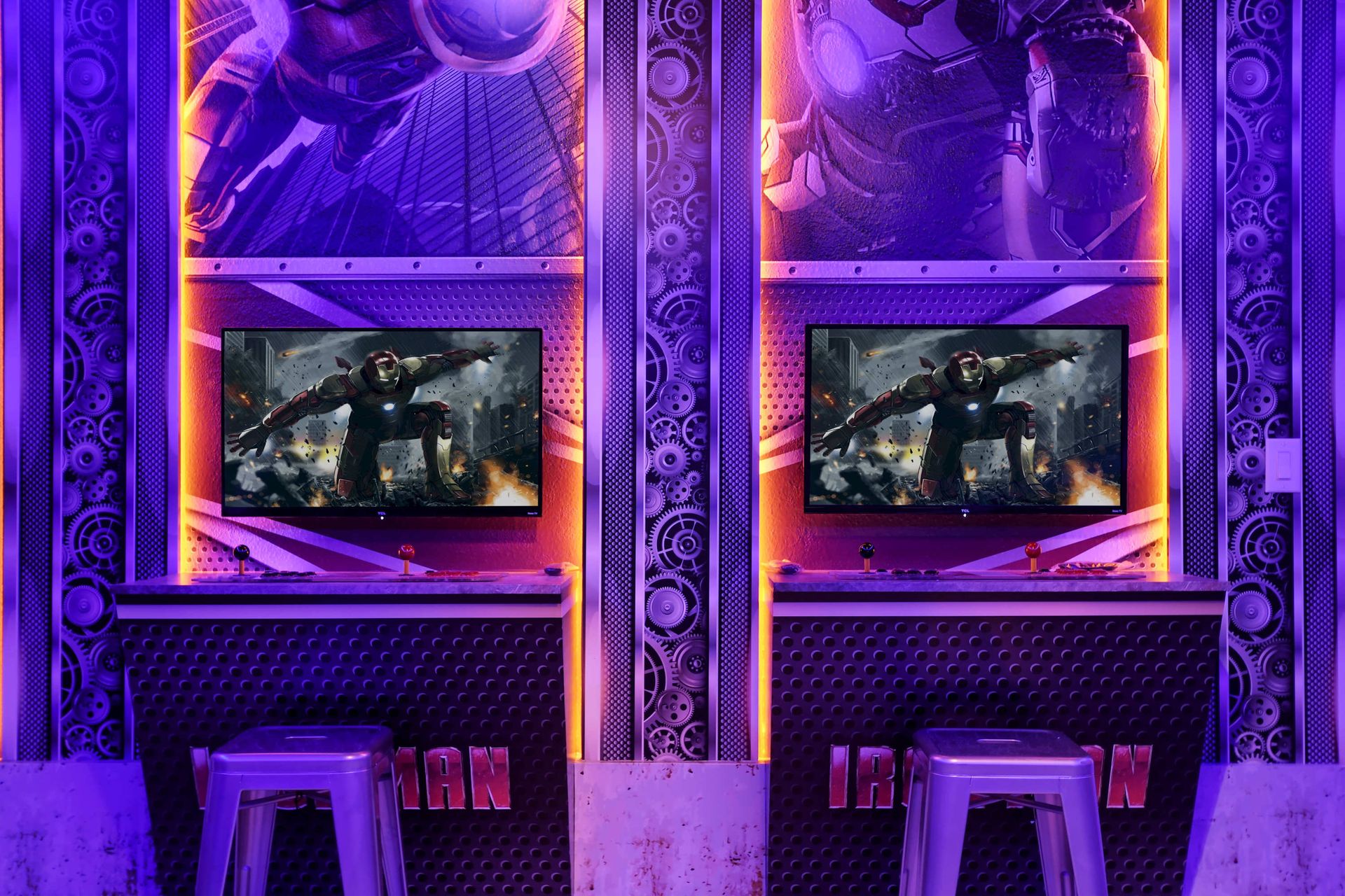 Epic Iron Man gaming station with dual screens, bold lighting, and superhero vibes.