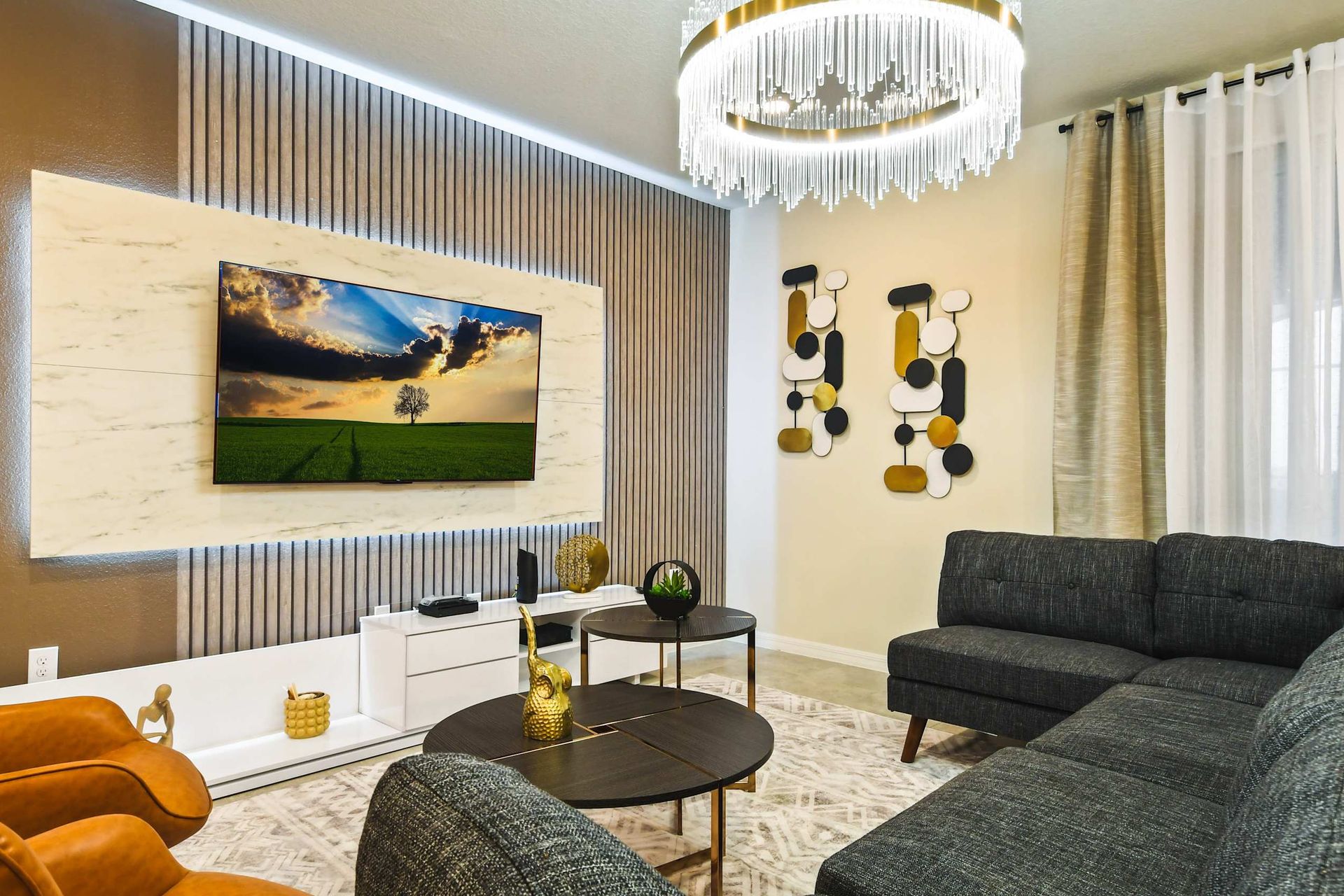 The living space boasts a large sofa, enjoy the chatting time with your family or friends.