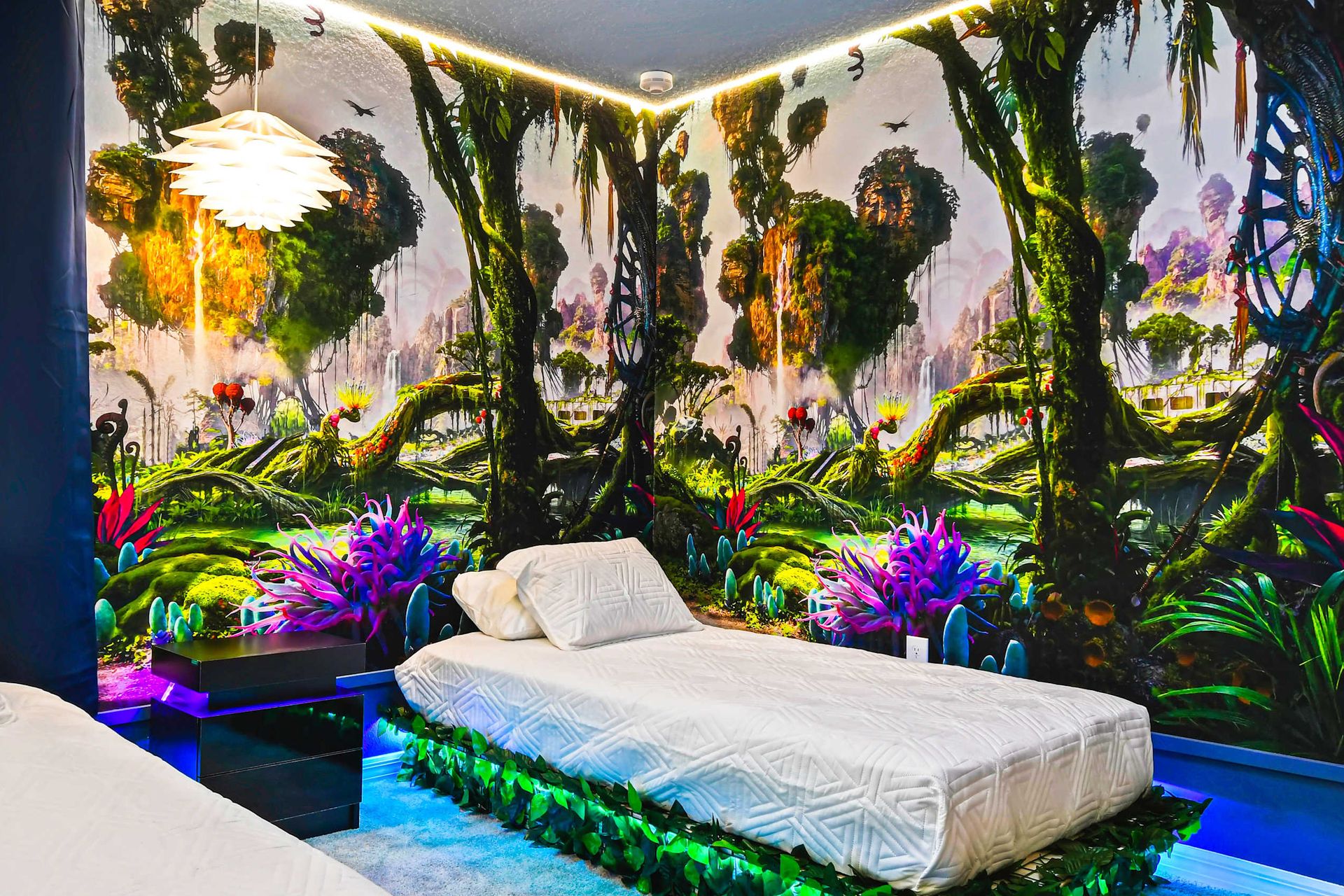 This children's bedroom transforms sleep into a mystical experience with forest-themed.