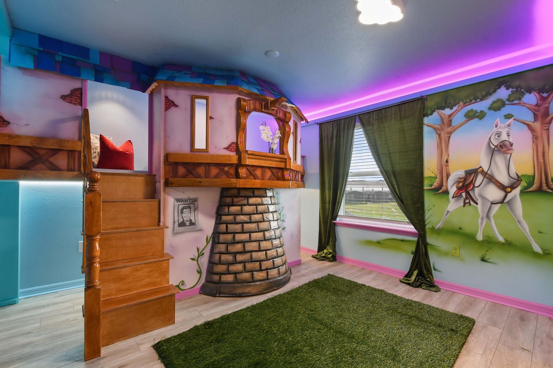 Fairytale Tangled bedroom with Rapunzel’s tower bunk, Maximus mural, and glowing lights.