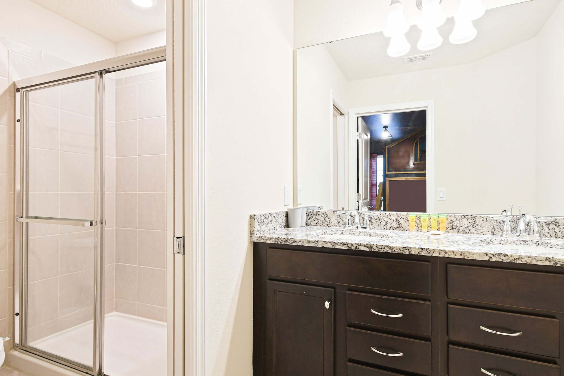 Modern bathroom with granite counters and a walk-in shower near themed bedroom.