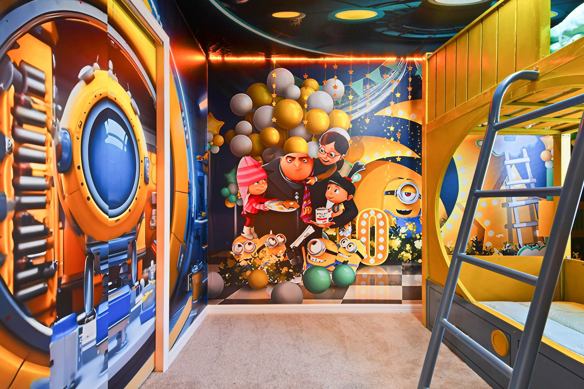 Whimsical Minion-themed bunk room with vibrant murals and playful character art.