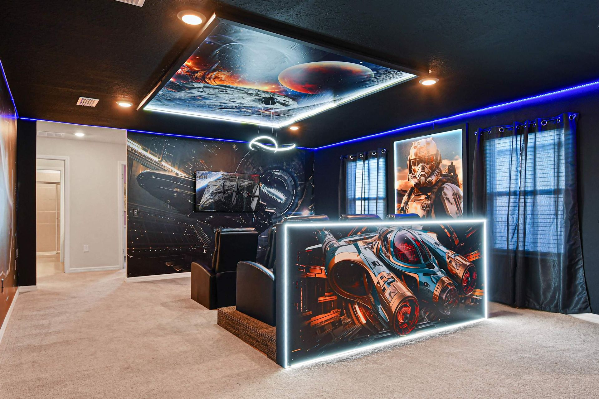 Epic sci-fi home theater with glowing starship decor and immersive space design.