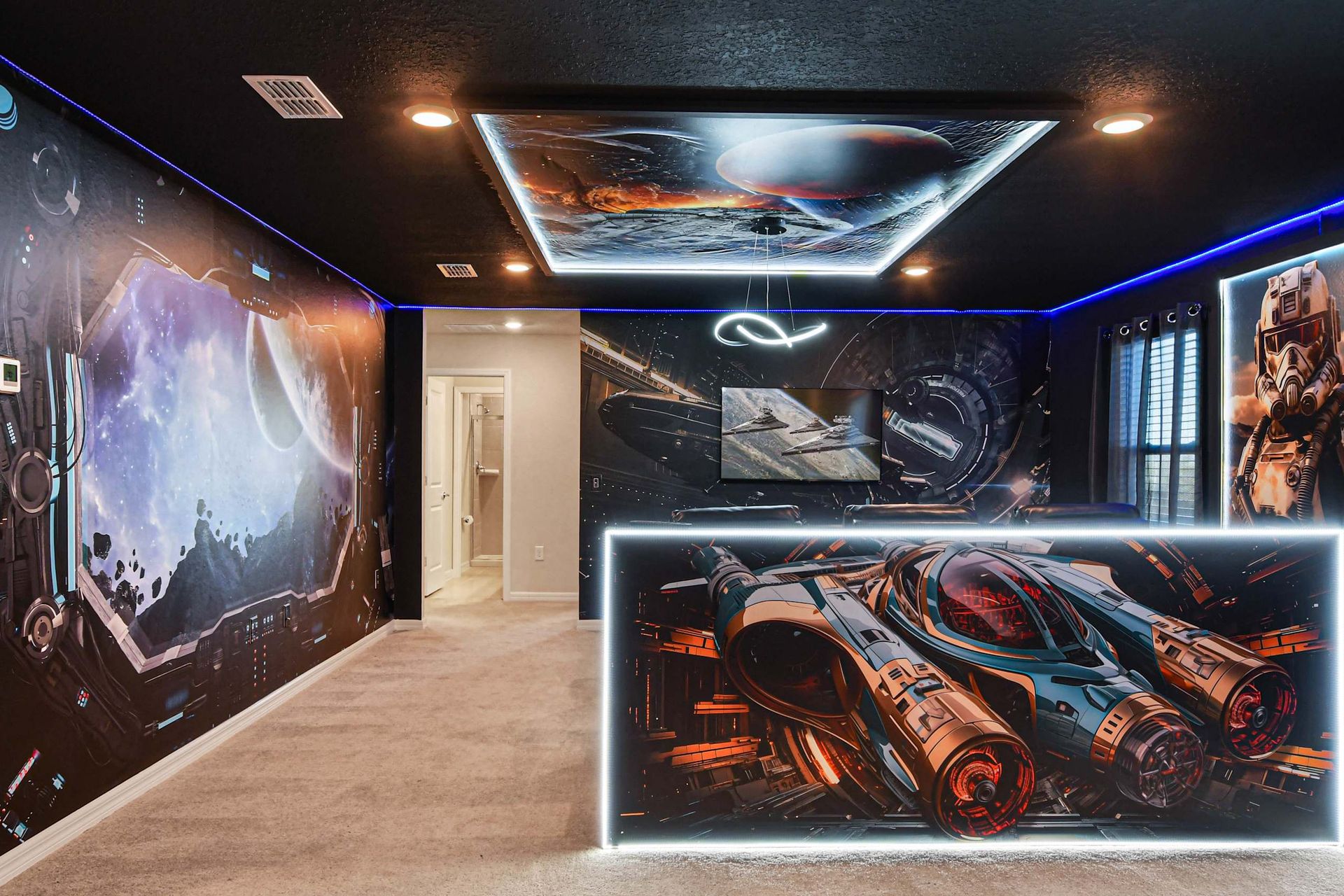 Epic space-themed game room with starship decor and immersive galactic vibes.