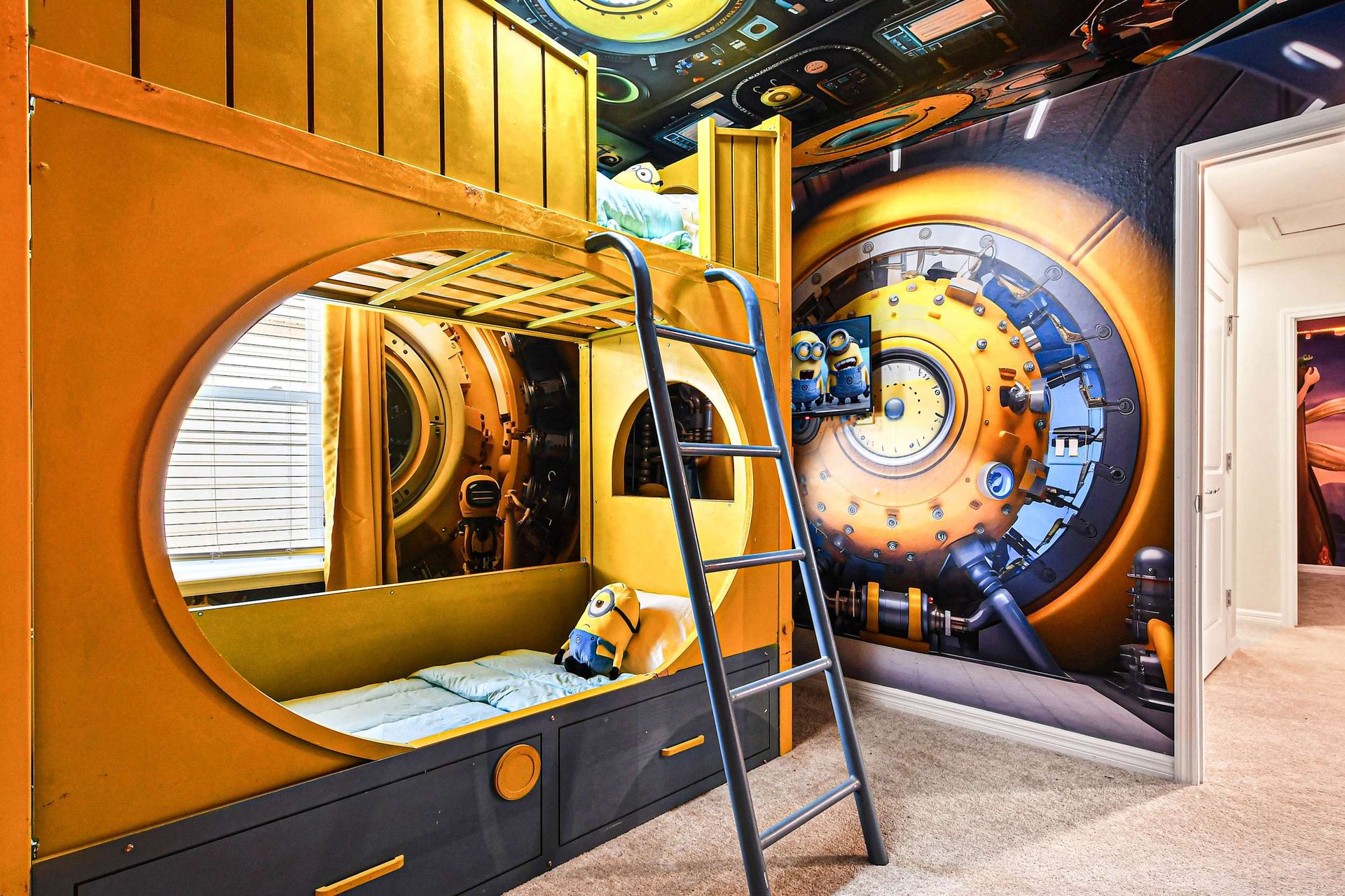 Minion-themed bunk room with fun decor and a playful adventure vibe for kids.