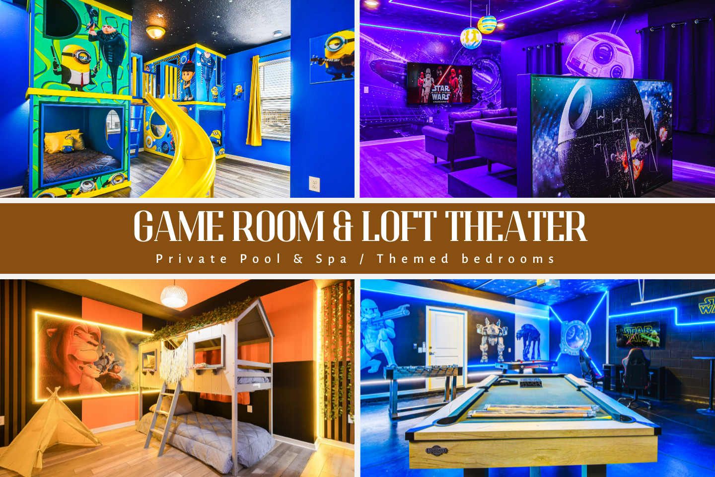 Epic game room & loft theater with Star Wars, Minions, and Lion King themes.